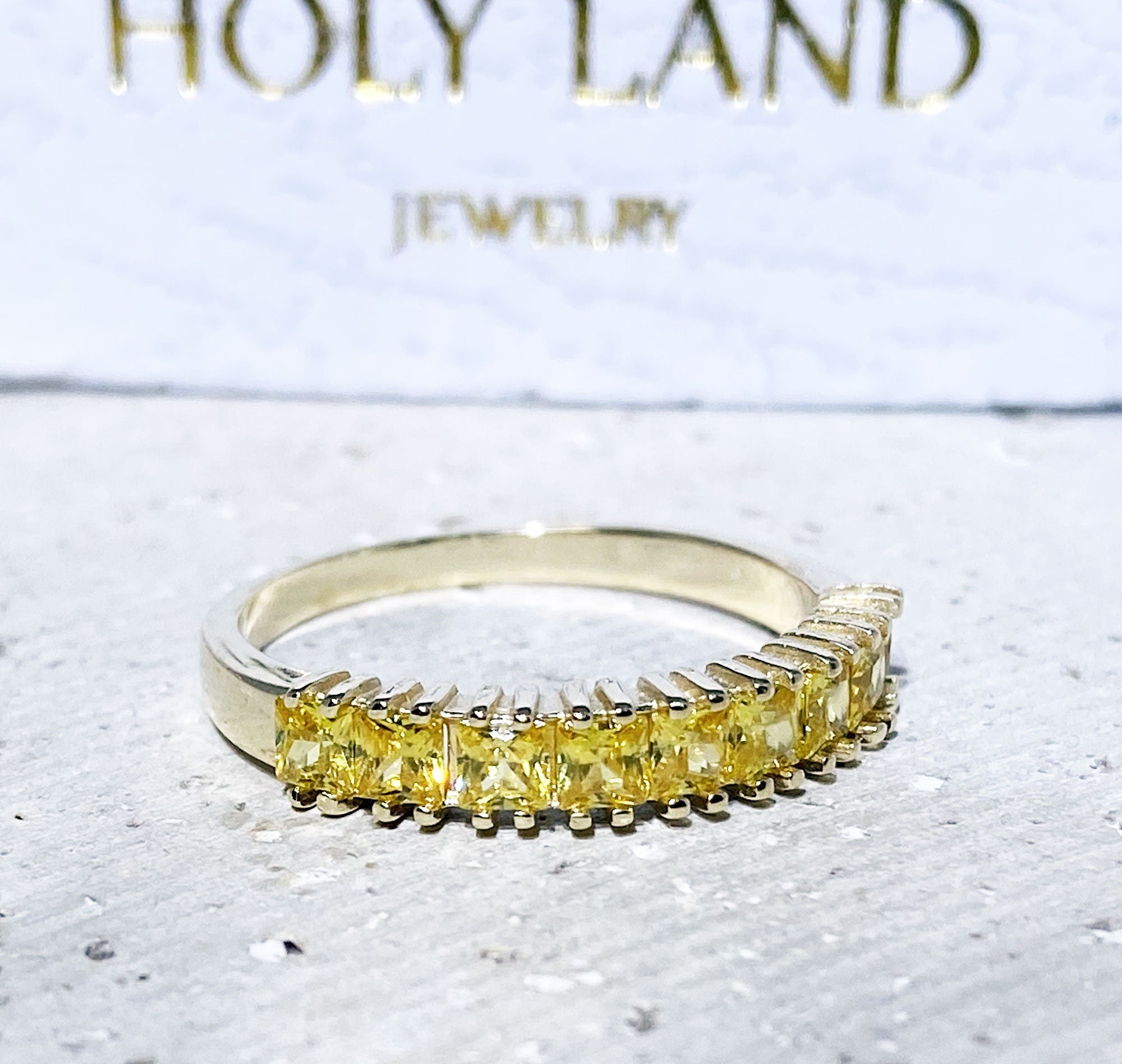 Yellow Citrine Ring - November Birthstone - Nine Yellow Citrine Gemstones Stacking Half Eternity Ring - H.L.Jewelry