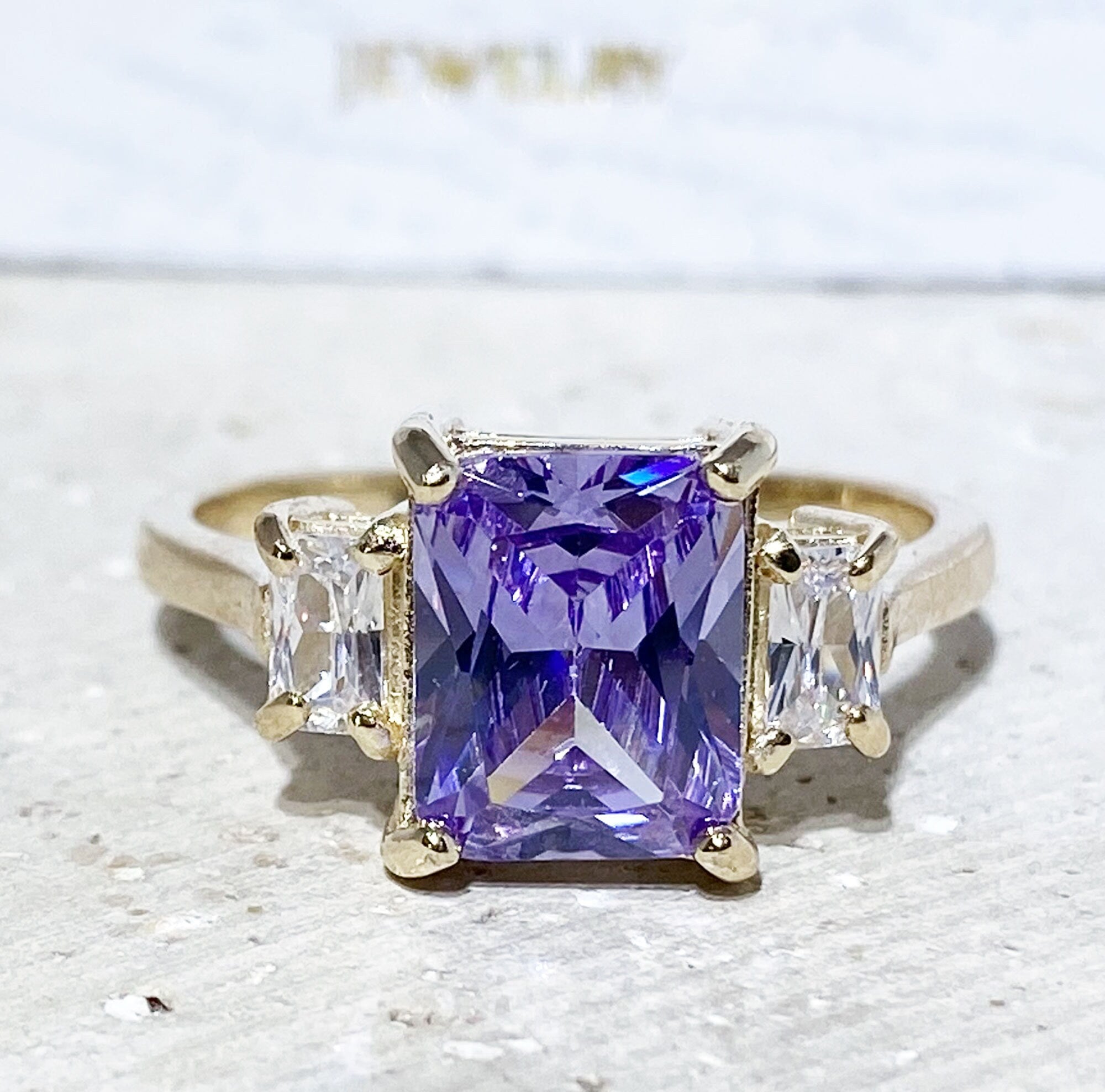 Lavender Amethyst Ring -  Statement Engagement Ring with Octagon Lavender Amethyst Gemstone and Clear Quartz Accents - H.L.Jewelry