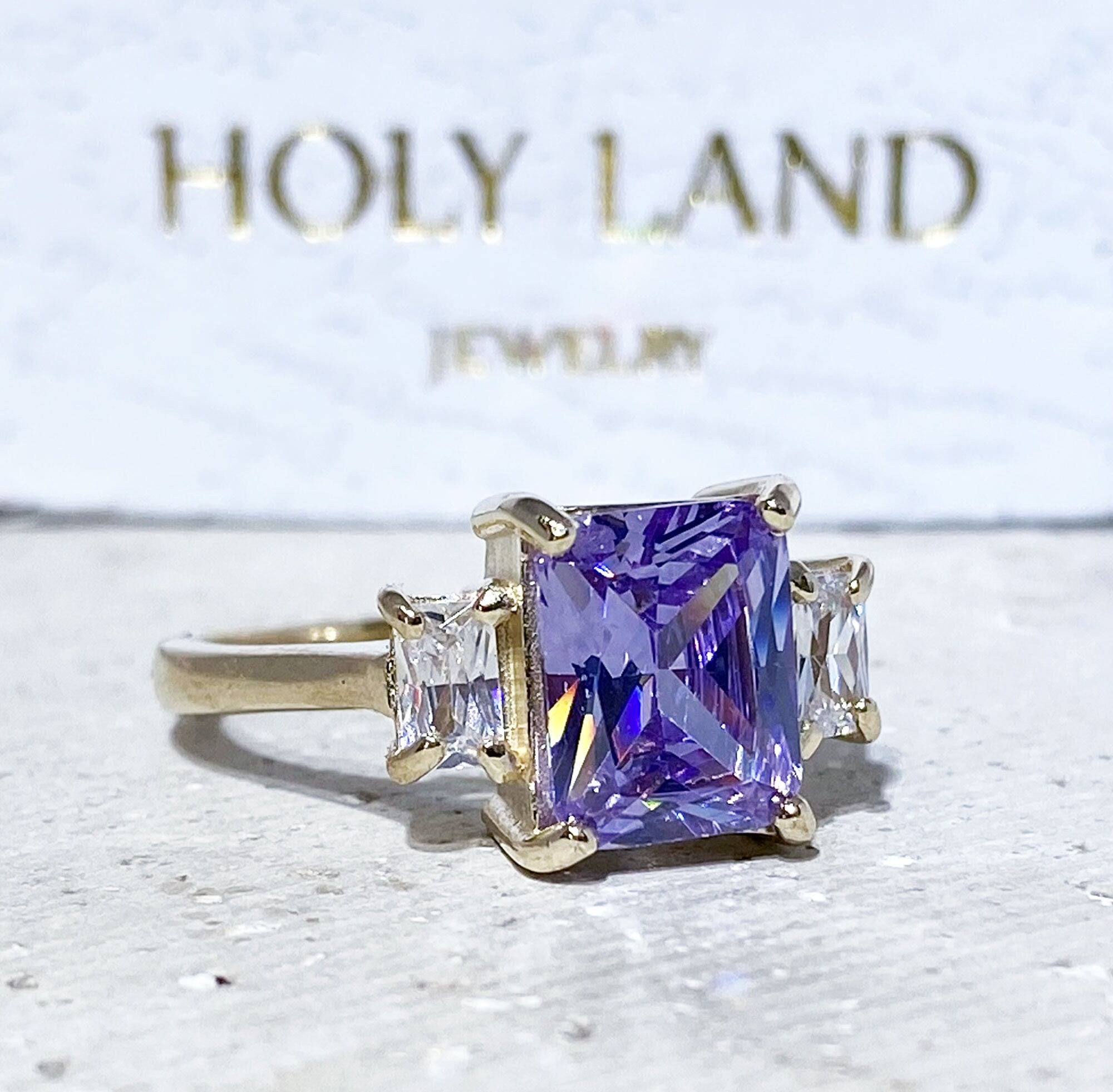 Lavender Amethyst Ring -  Statement Engagement Ring with Octagon Lavender Amethyst Gemstone and Clear Quartz Accents - H.L.Jewelry