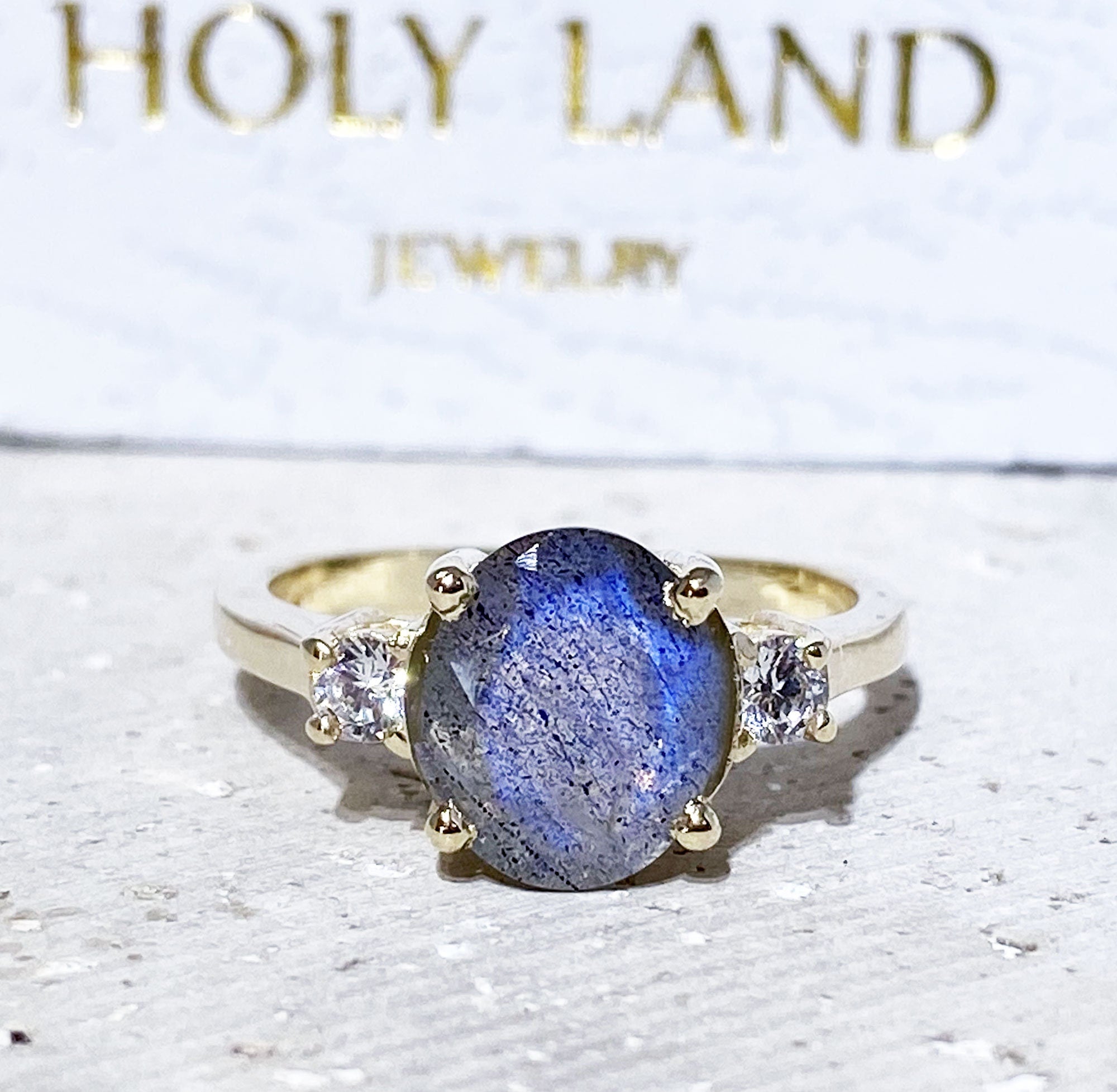 Labradorite Ring - Statement Engagement Ring with Oval Labradorite Gemstone and Clear Quartz Accents - H.L.Jewelry