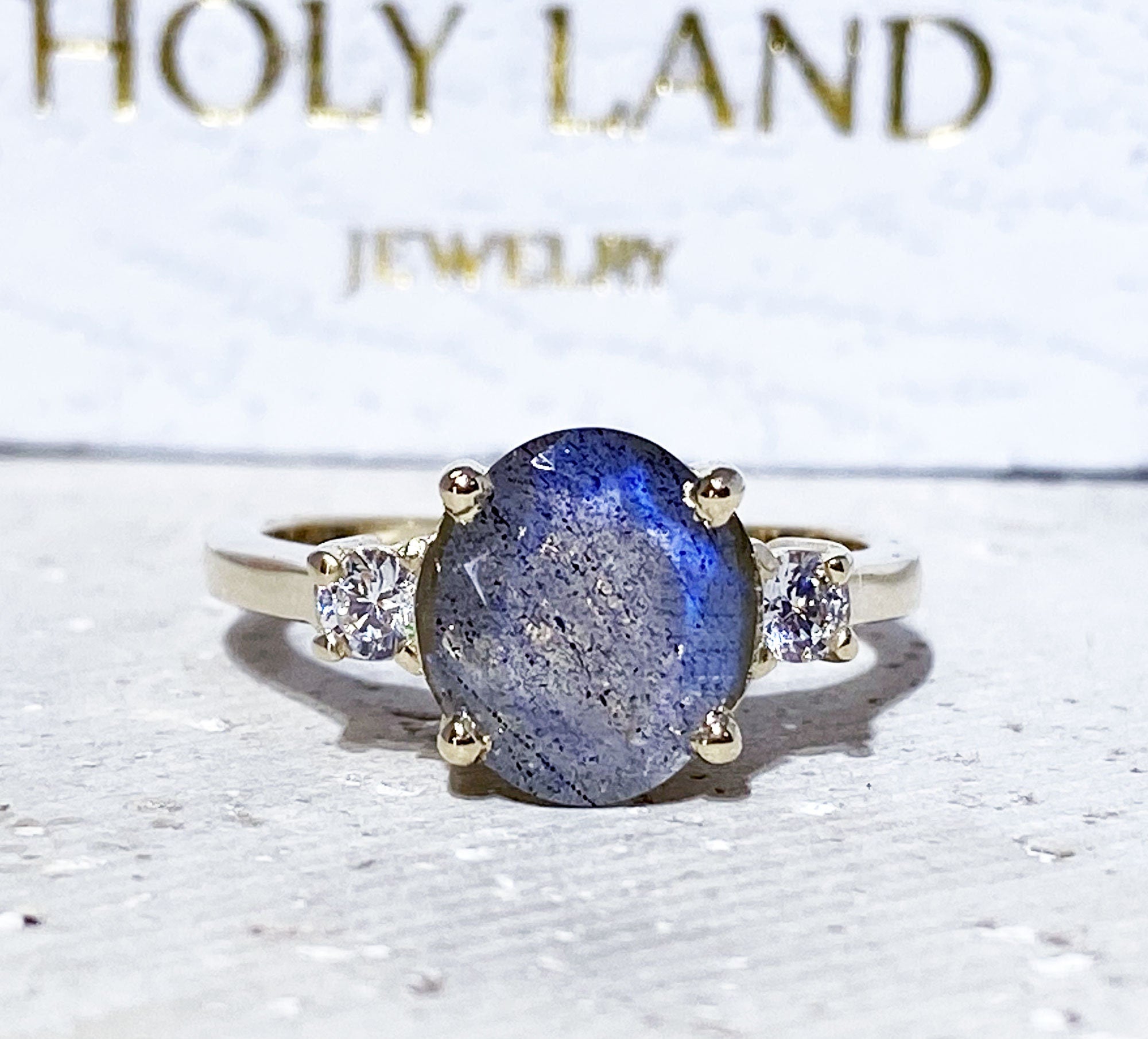 Labradorite Ring - Statement Engagement Ring with Oval Labradorite Gemstone and Clear Quartz Accents - H.L.Jewelry