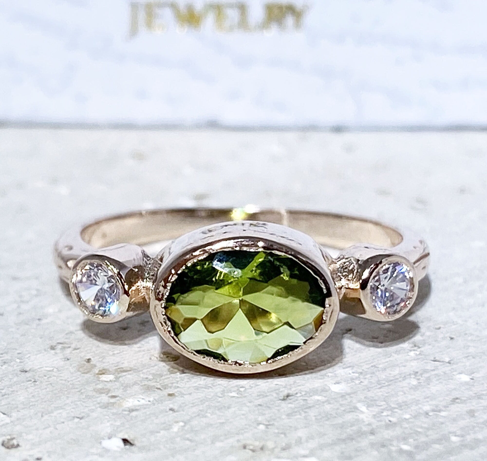 Peridot Ring - August Birthstone - Bezel Set Ring with Oval Peridot Gemstone and Clear Quartz Accents - H.L.Jewelry