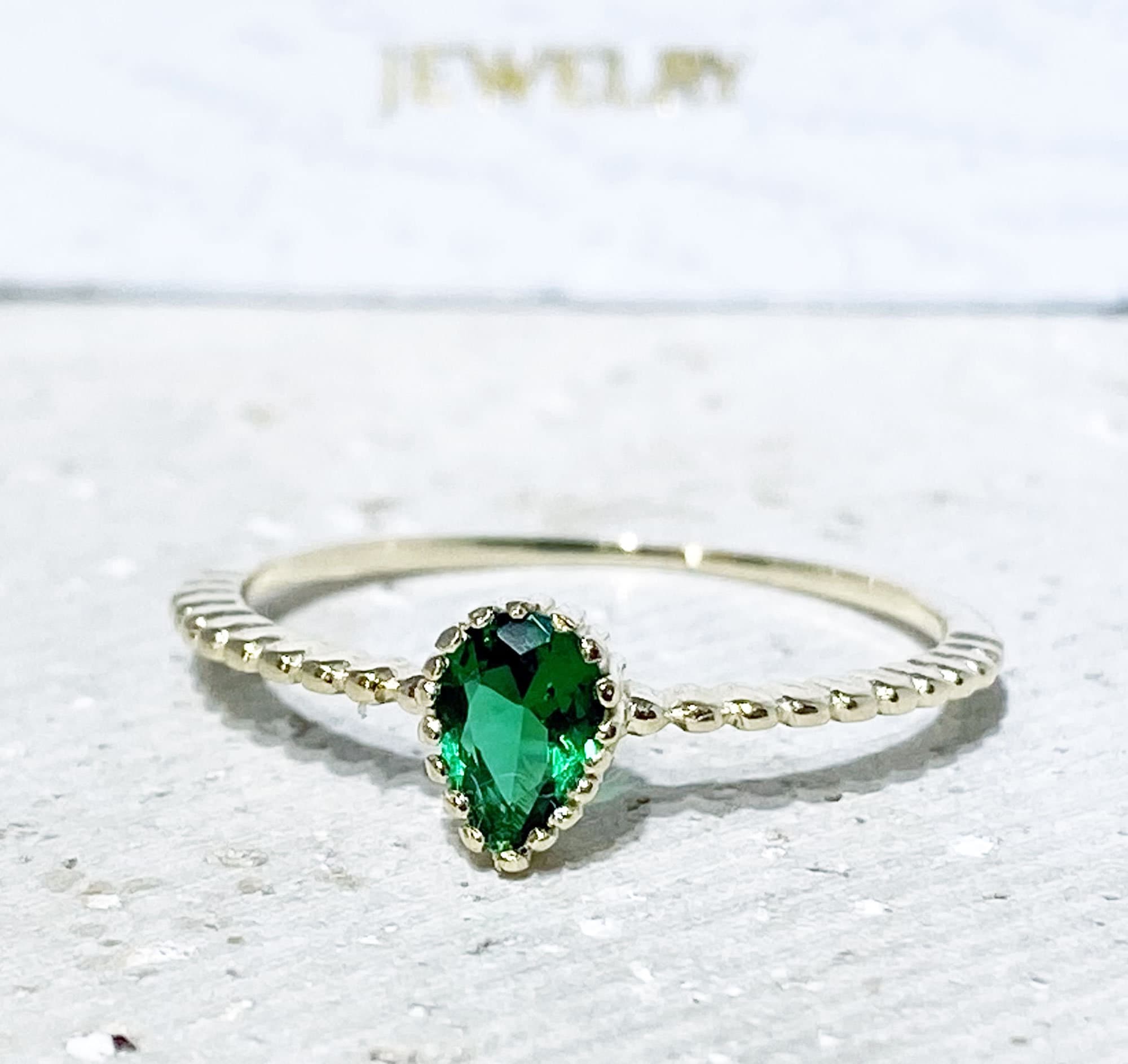 Emerald Ring - May Birthstone - Pear-Shaped Emerald Gemstone Tiny Stacking Ring - H.L.Jewelry