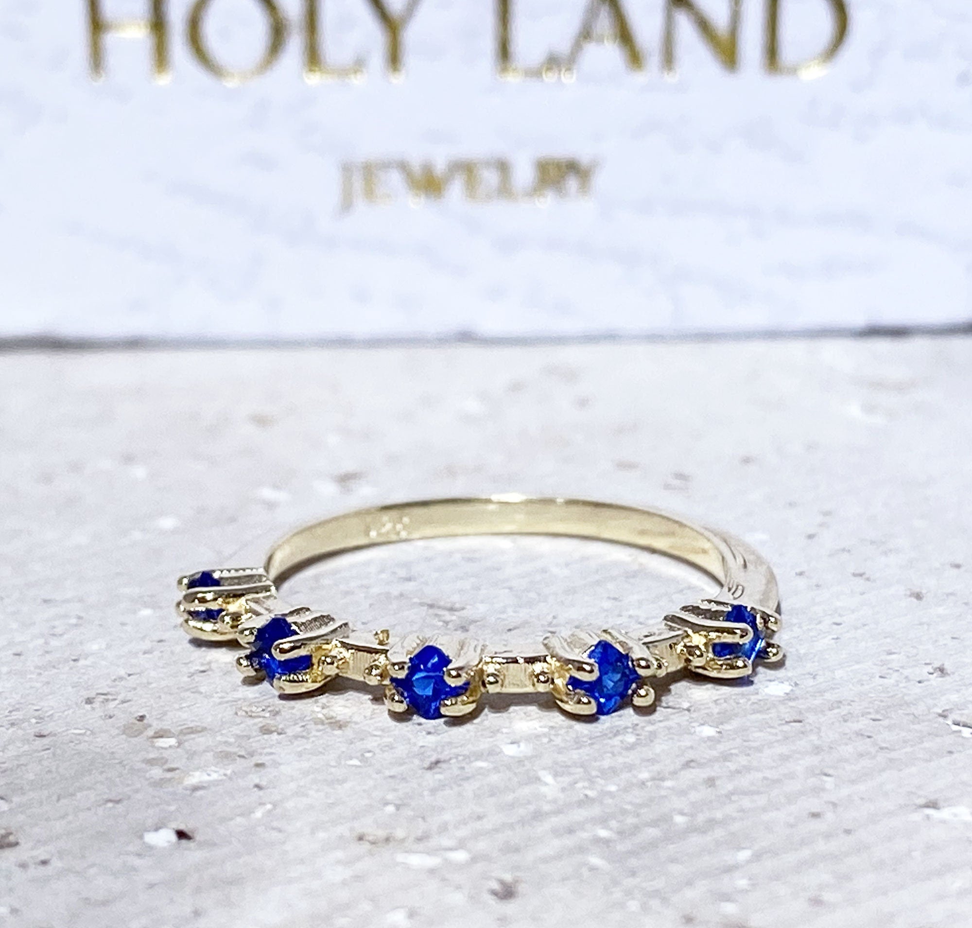 Blue Sapphire Ring - September Birthstone - Delicate Stacking Ring with Five Square Blue Sapphire Gemstones - H.L.Jewelry