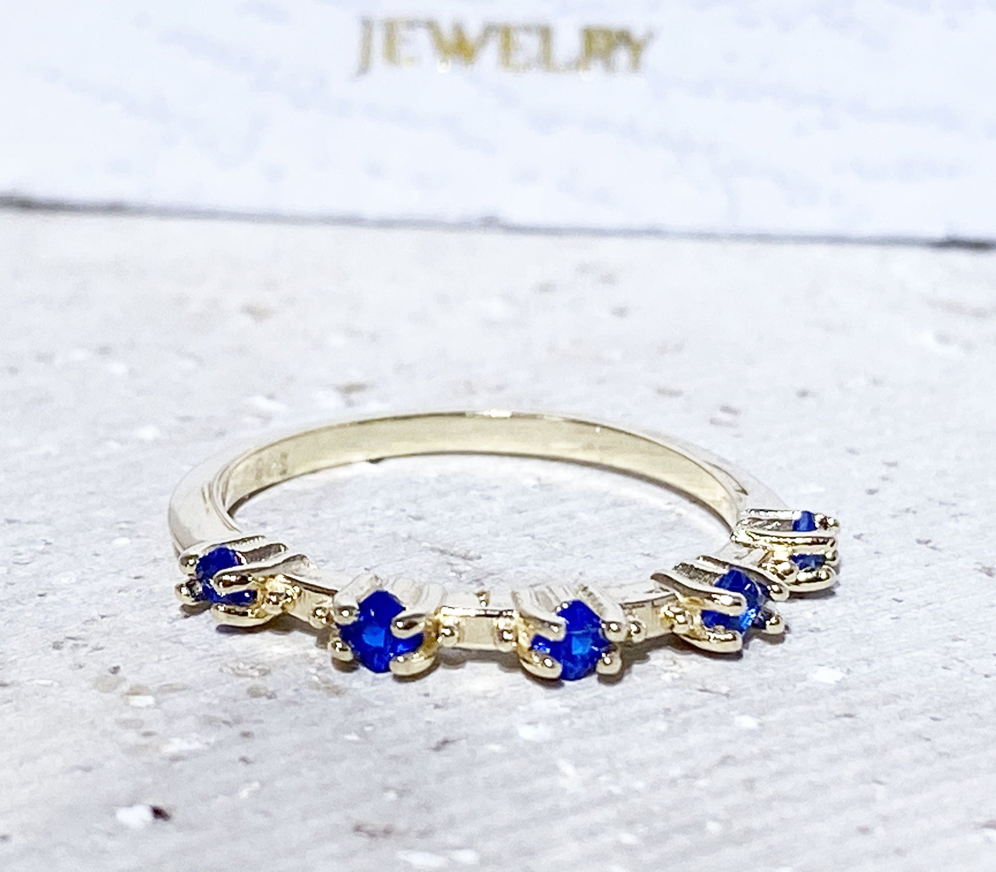 Blue Sapphire Ring - September Birthstone - Delicate Stacking Ring with Five Square Blue Sapphire Gemstones - H.L.Jewelry