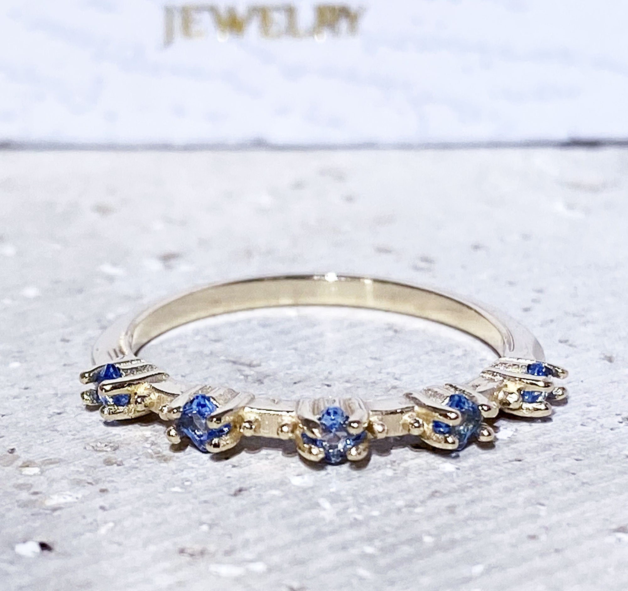 Blue Topaz Ring - December Birthstone - Stacking Ring with Five Square Blue Topaz Gemstones - H.L.Jewelry