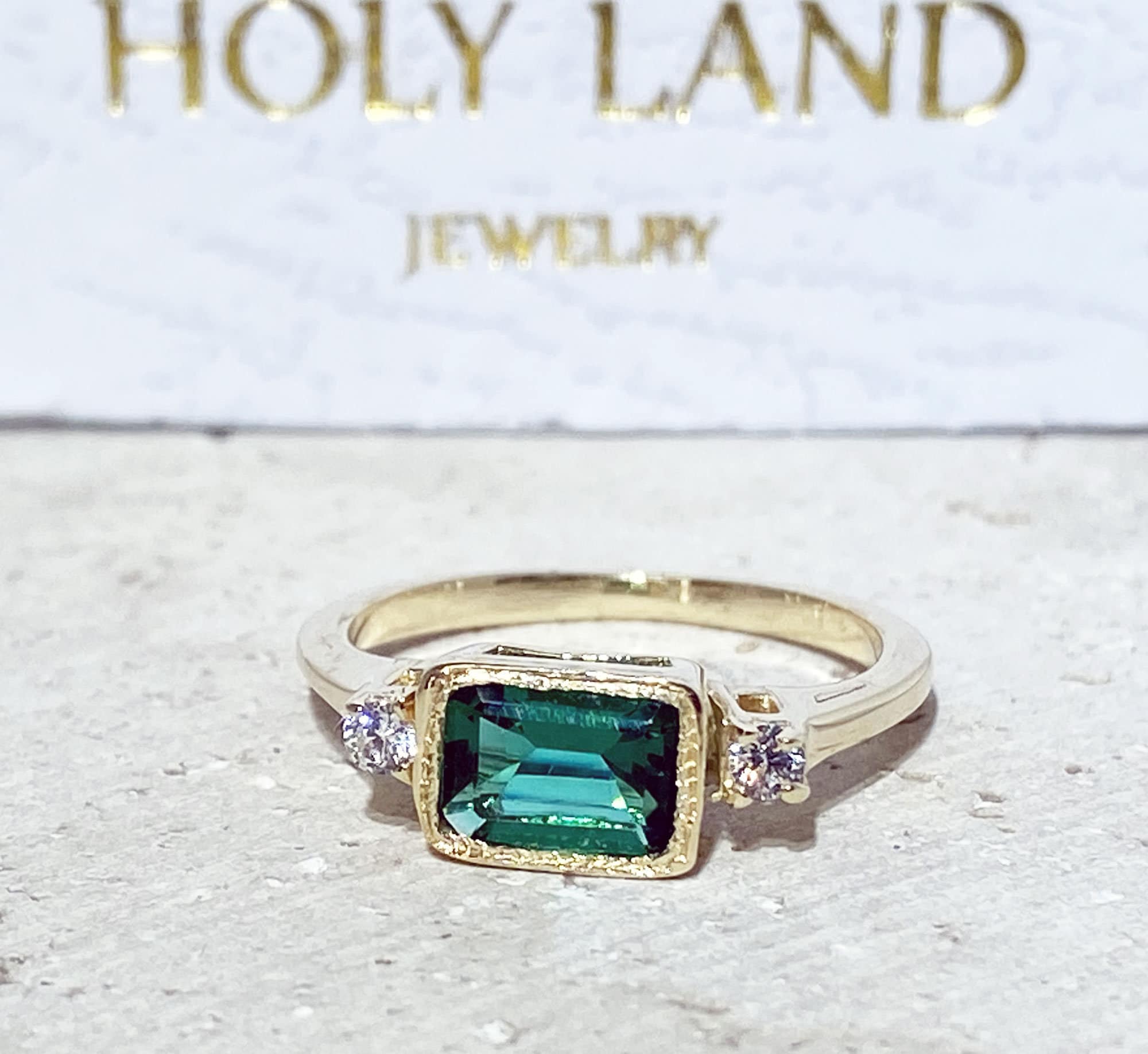 Emerald Ring - May Birthstone - Simple Ring with Octagon Emerald Gemstone and Clear Quartz Accents - H.L.Jewelry