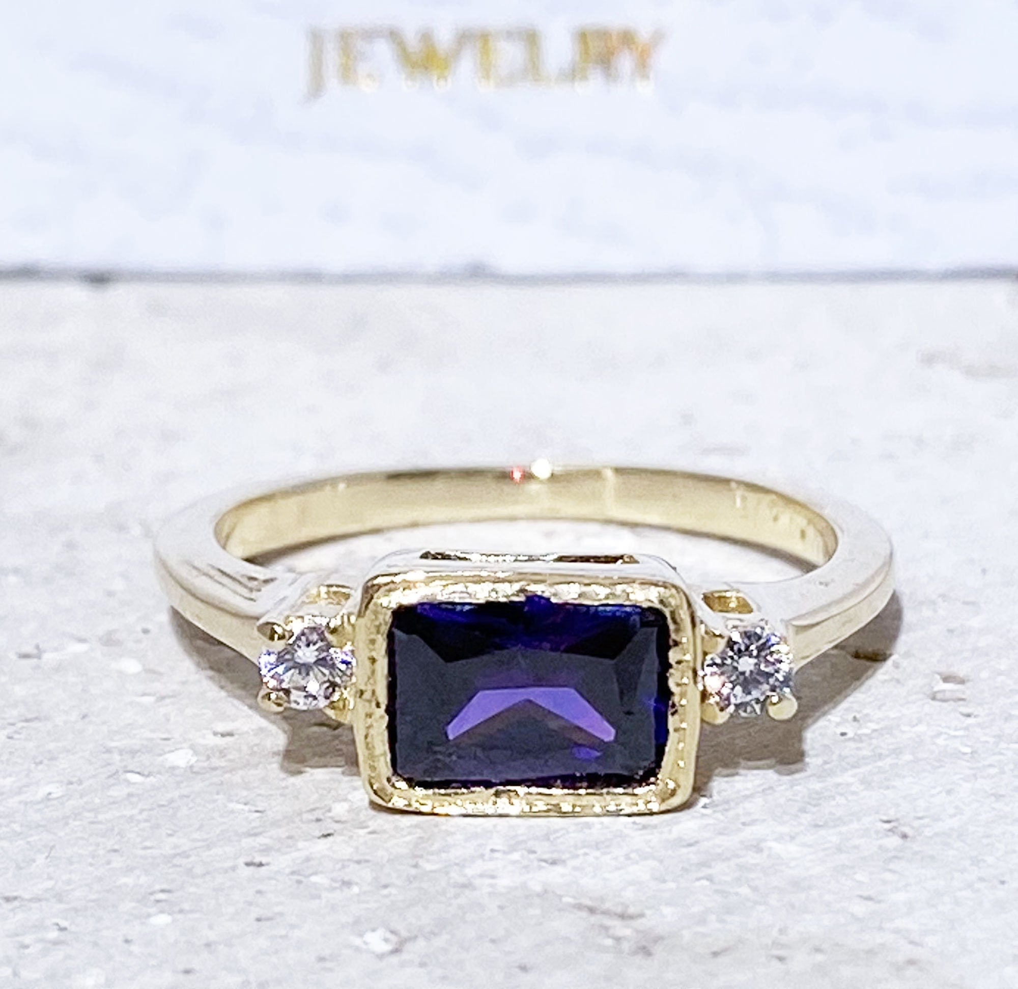 Purple Amethyst Ring - February Birthstone - Simple Ring with Octagon Purple Amethyst Gemstone and Clear Quartz Accents - H.L.Jewelry