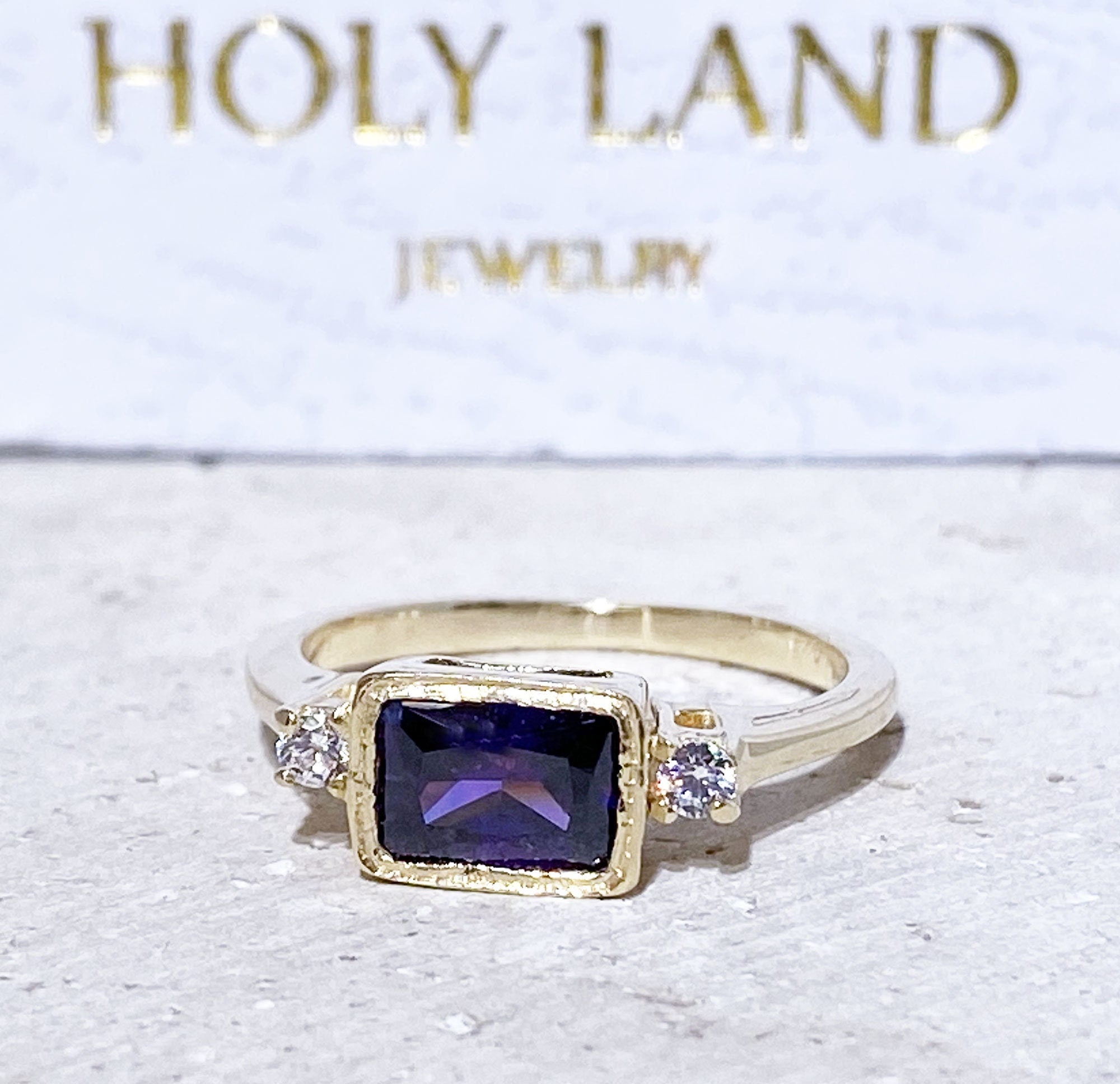 Purple Amethyst Ring - February Birthstone - Simple Ring with Octagon Purple Amethyst Gemstone and Clear Quartz Accents - H.L.Jewelry