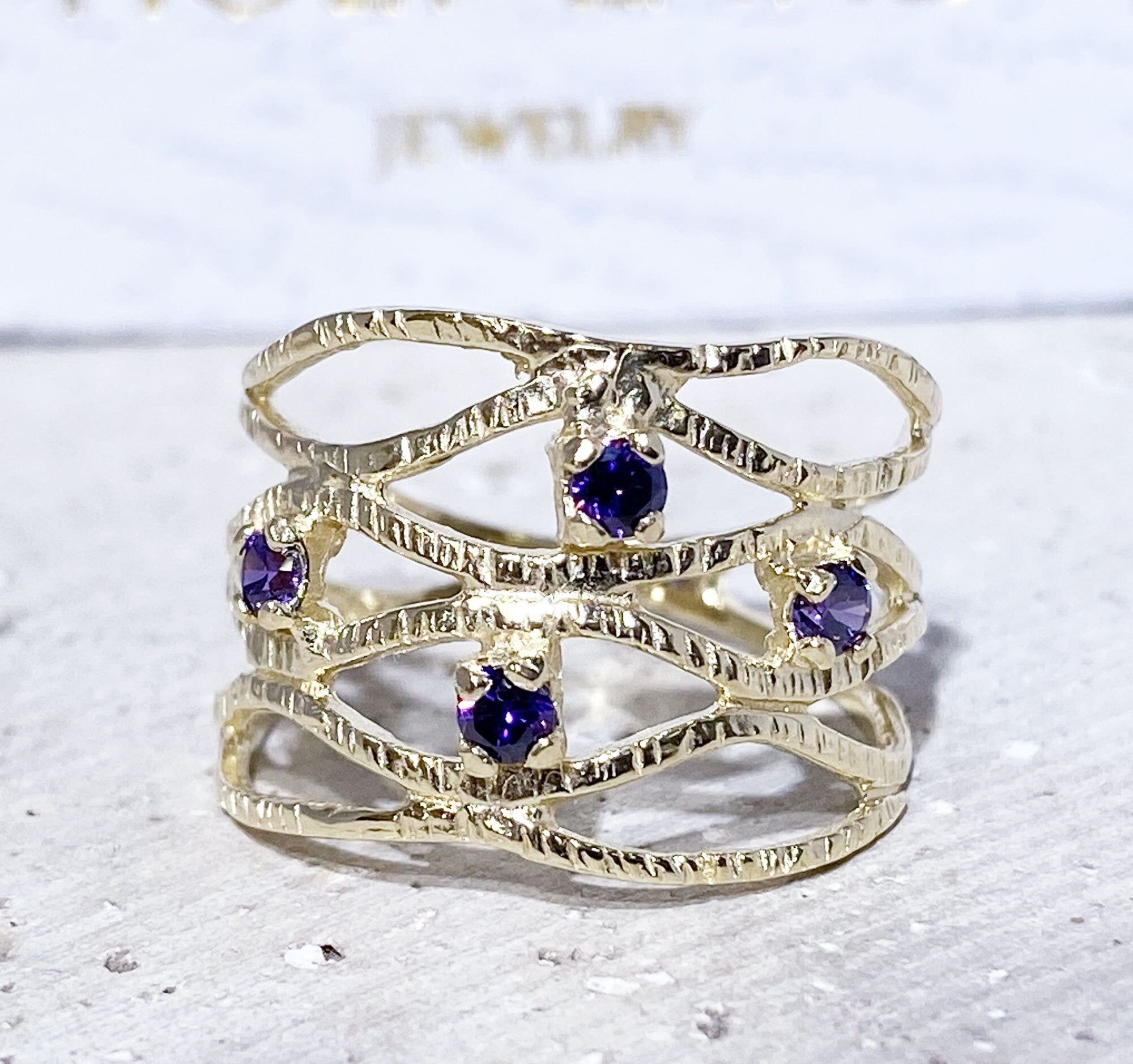 Purple Amethyst Ring - February Birthstone - Hammered Ring with Four Round Purple Amethyst Gemstones - H.L.Jewelry