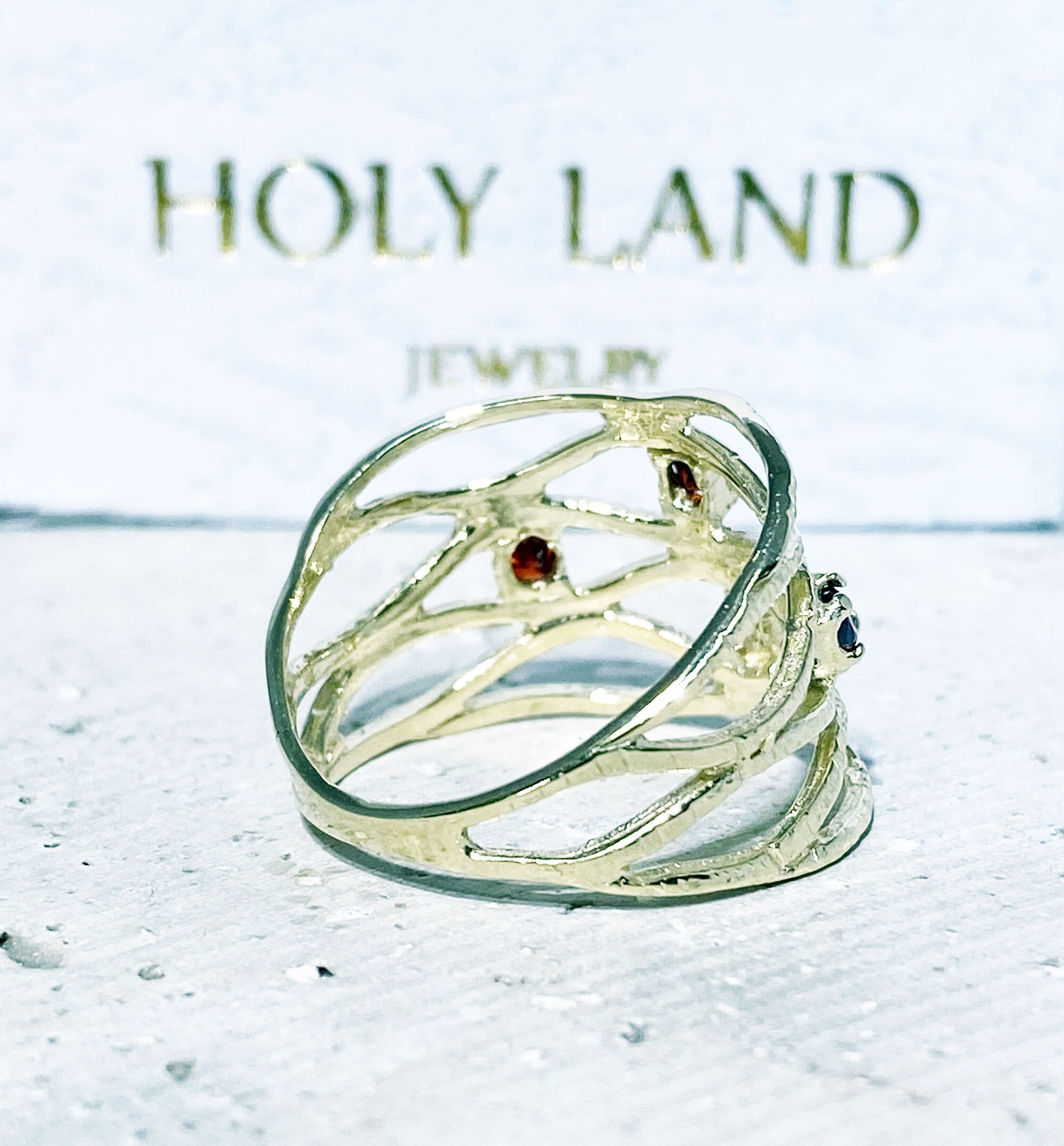 Red Garnet Ring - January Birthstone - Hammered Ring with Four Round Red Garnet Gemstones - H.L.Jewelry