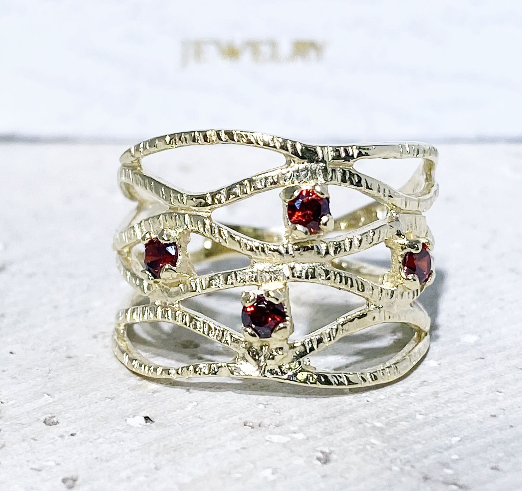 Red Garnet Ring - January Birthstone - Hammered Ring with Four Round Red Garnet Gemstones - H.L.Jewelry