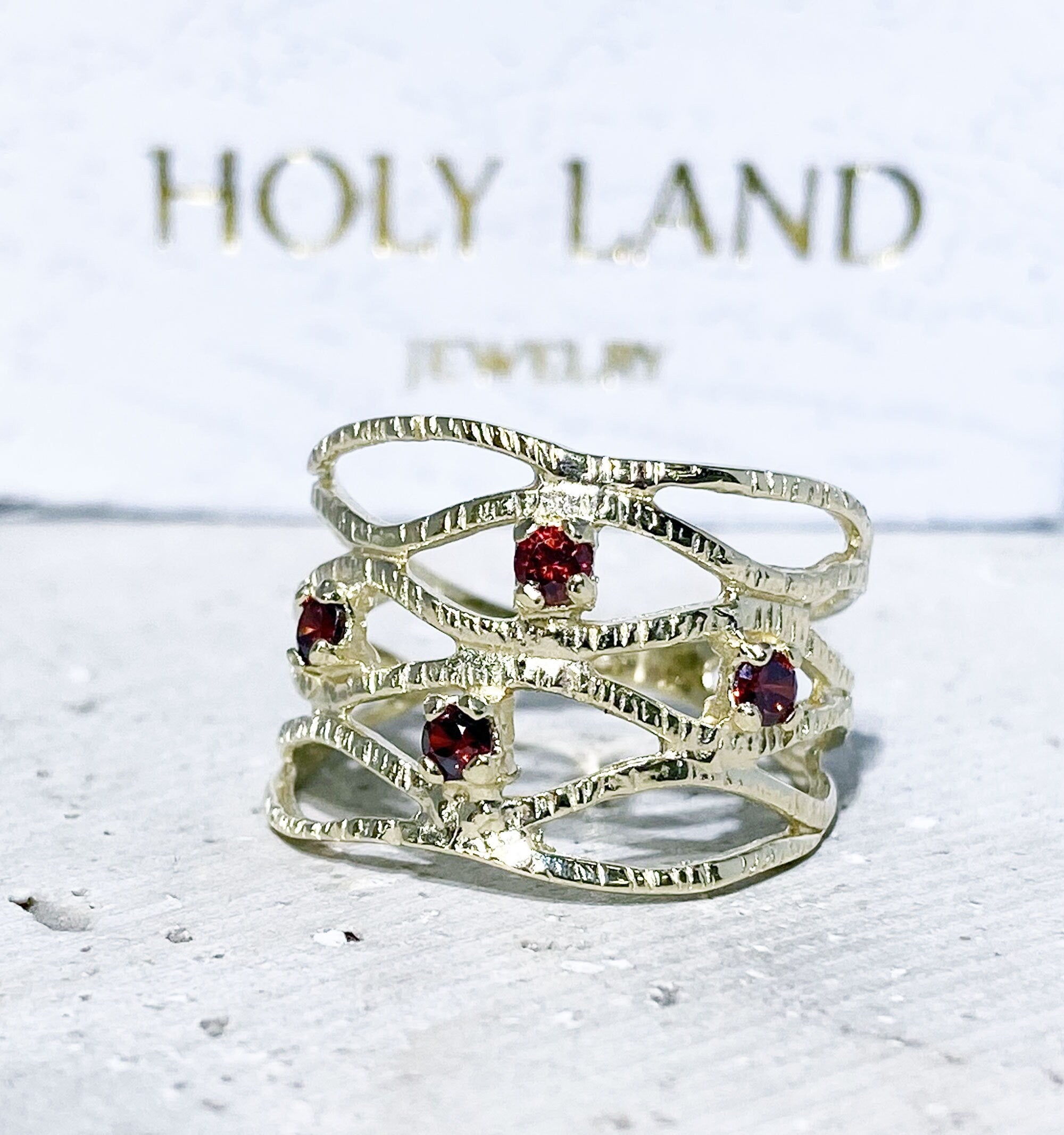 Red Garnet Ring - January Birthstone - Hammered Ring with Four Round Red Garnet Gemstones - H.L.Jewelry