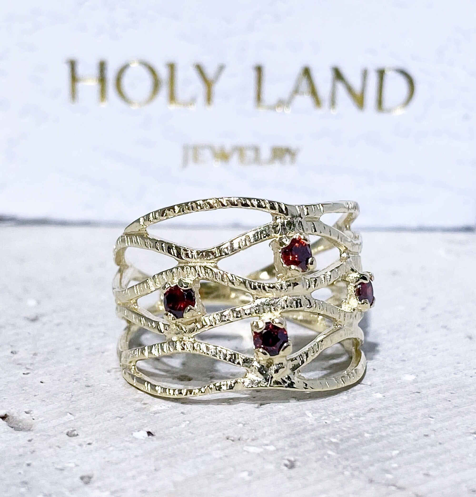 Red Garnet Ring - January Birthstone - Hammered Ring with Four Round Red Garnet Gemstones - H.L.Jewelry