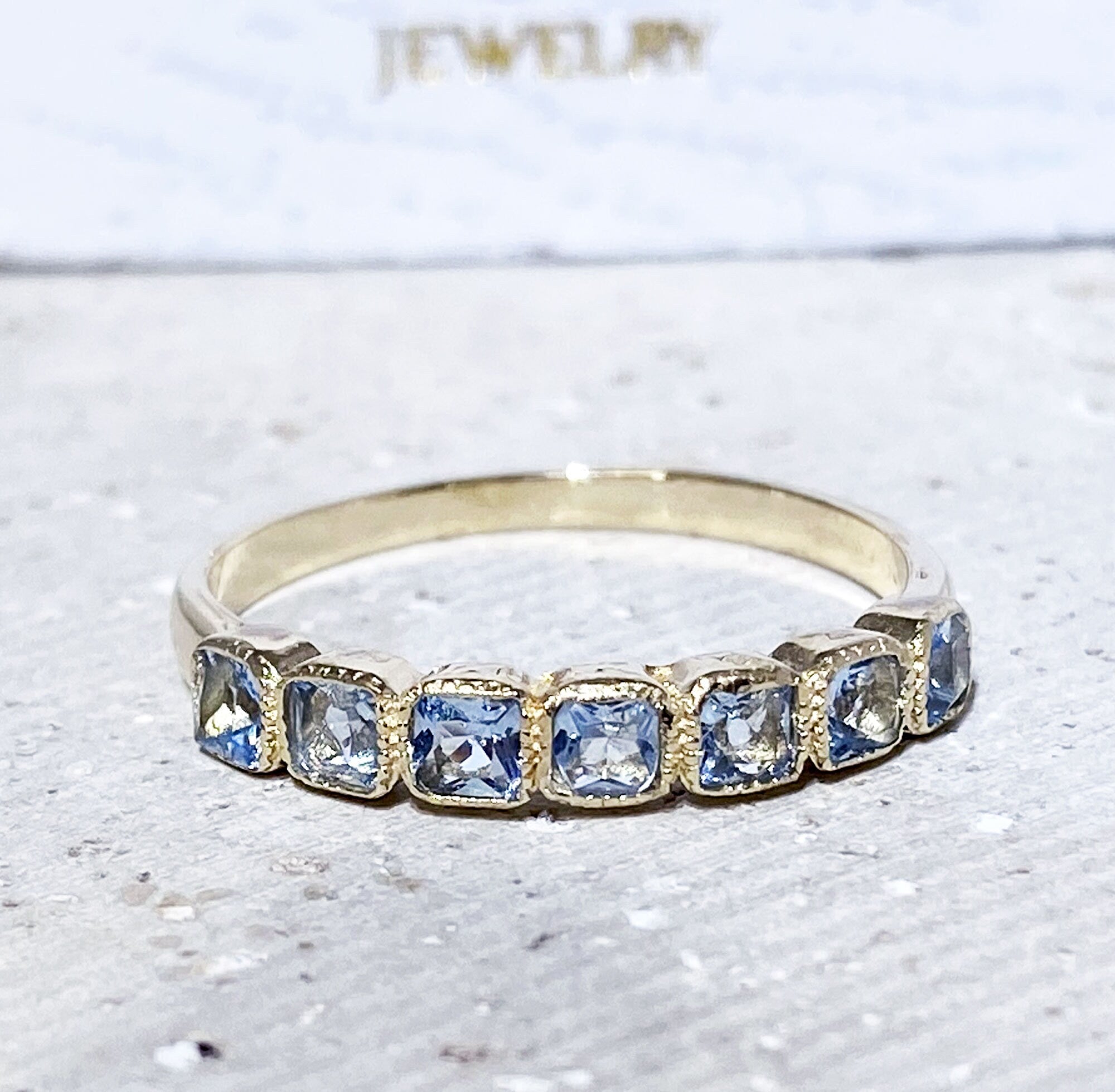 Aquamarine Ring - March Birthstone - Stacking Ring with Seven Square Aquamarine Gemstones - H.L.Jewelry