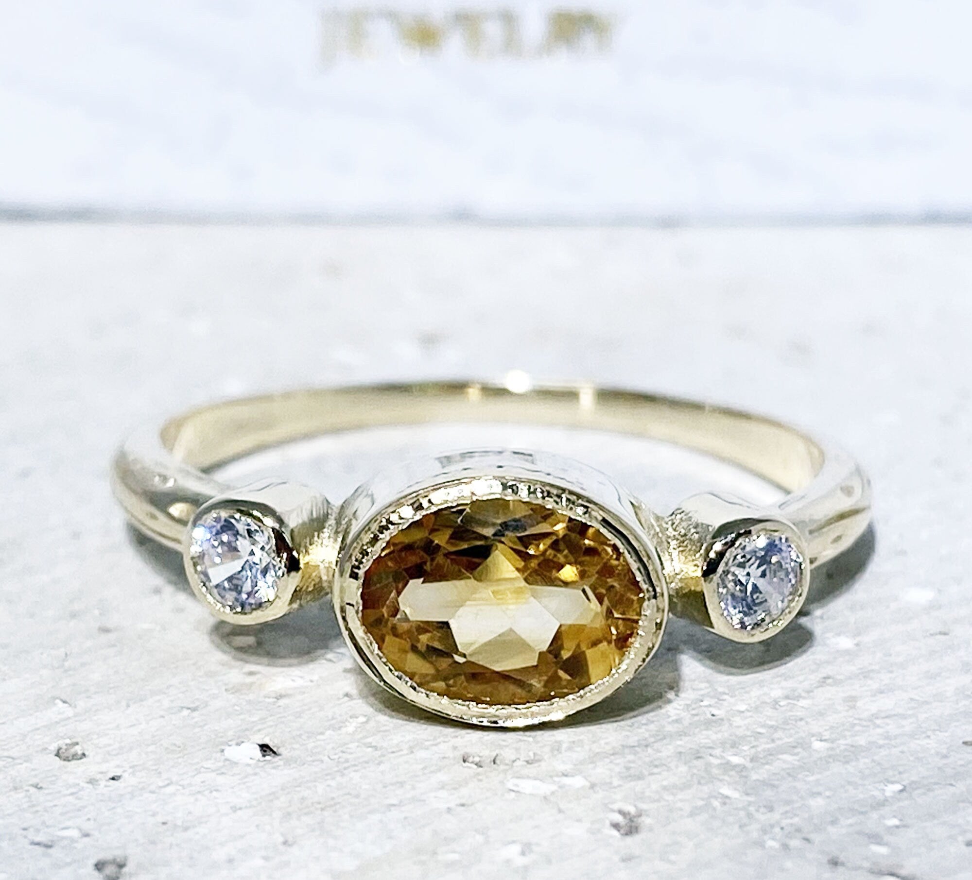 Citrine Ring - November Birthstone - Bezel Set Ring with Oval Citrine Gemstone and Clear Quartz Accents - H.L.Jewelry