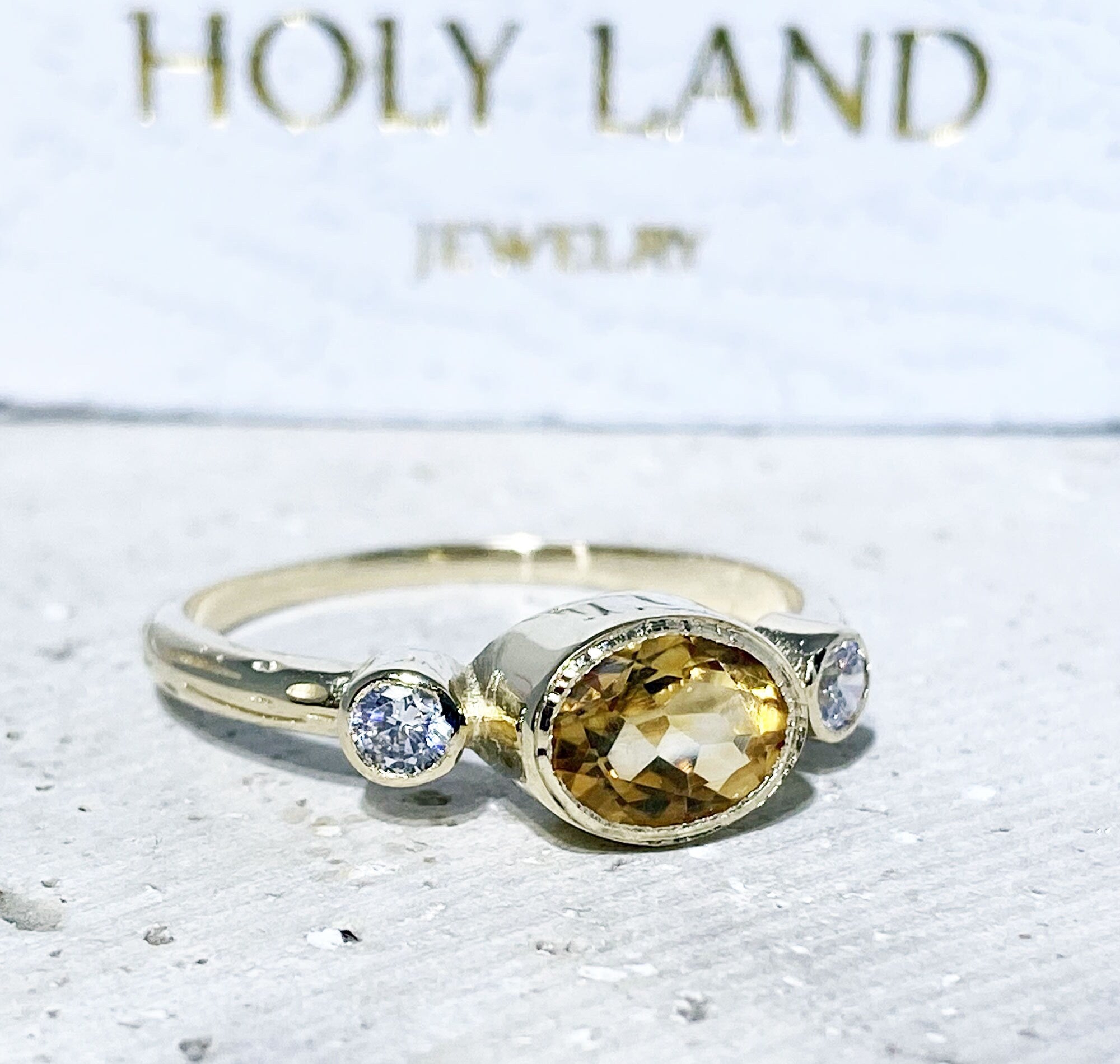 Citrine Ring - November Birthstone - Bezel Set Ring with Oval Citrine Gemstone and Clear Quartz Accents - H.L.Jewelry