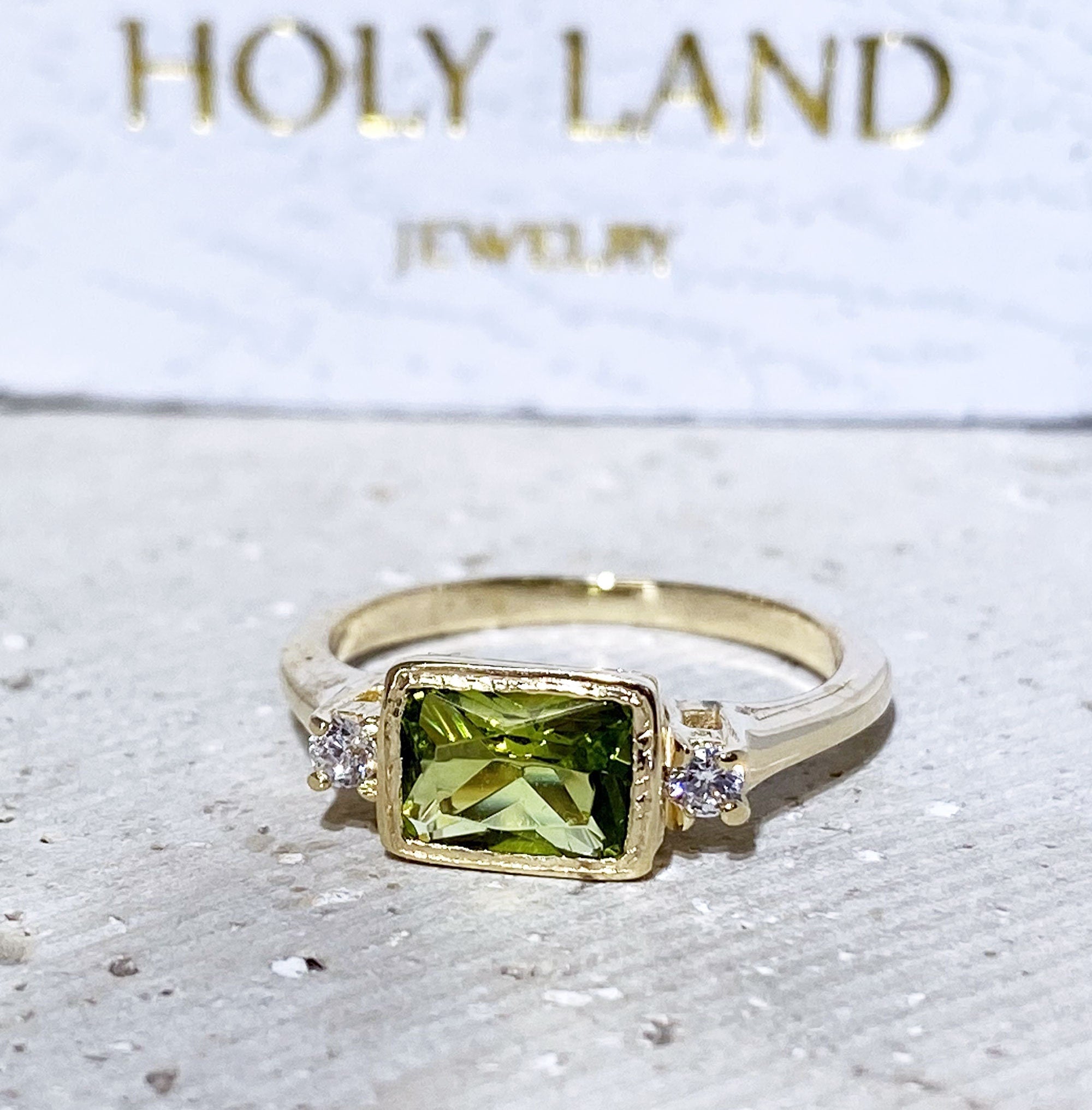 Peridot Ring - August Birthstone - Simple Ring with Octagon Peridot Gemstone and Clear Quartz Accents - H.L.Jewelry