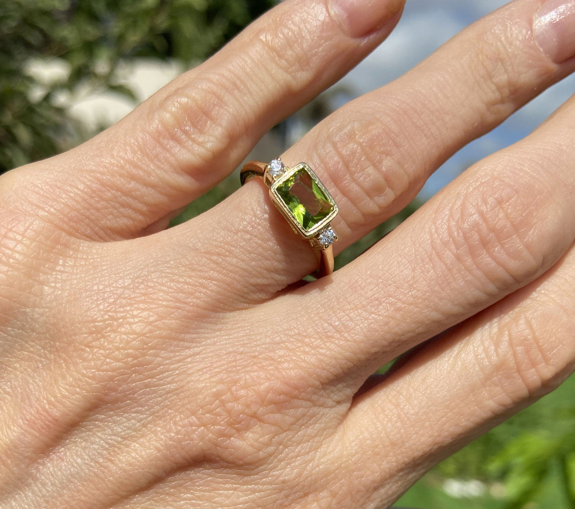 Peridot Ring - August Birthstone - Simple Ring with Octagon Peridot Gemstone and Clear Quartz Accents - H.L.Jewelry