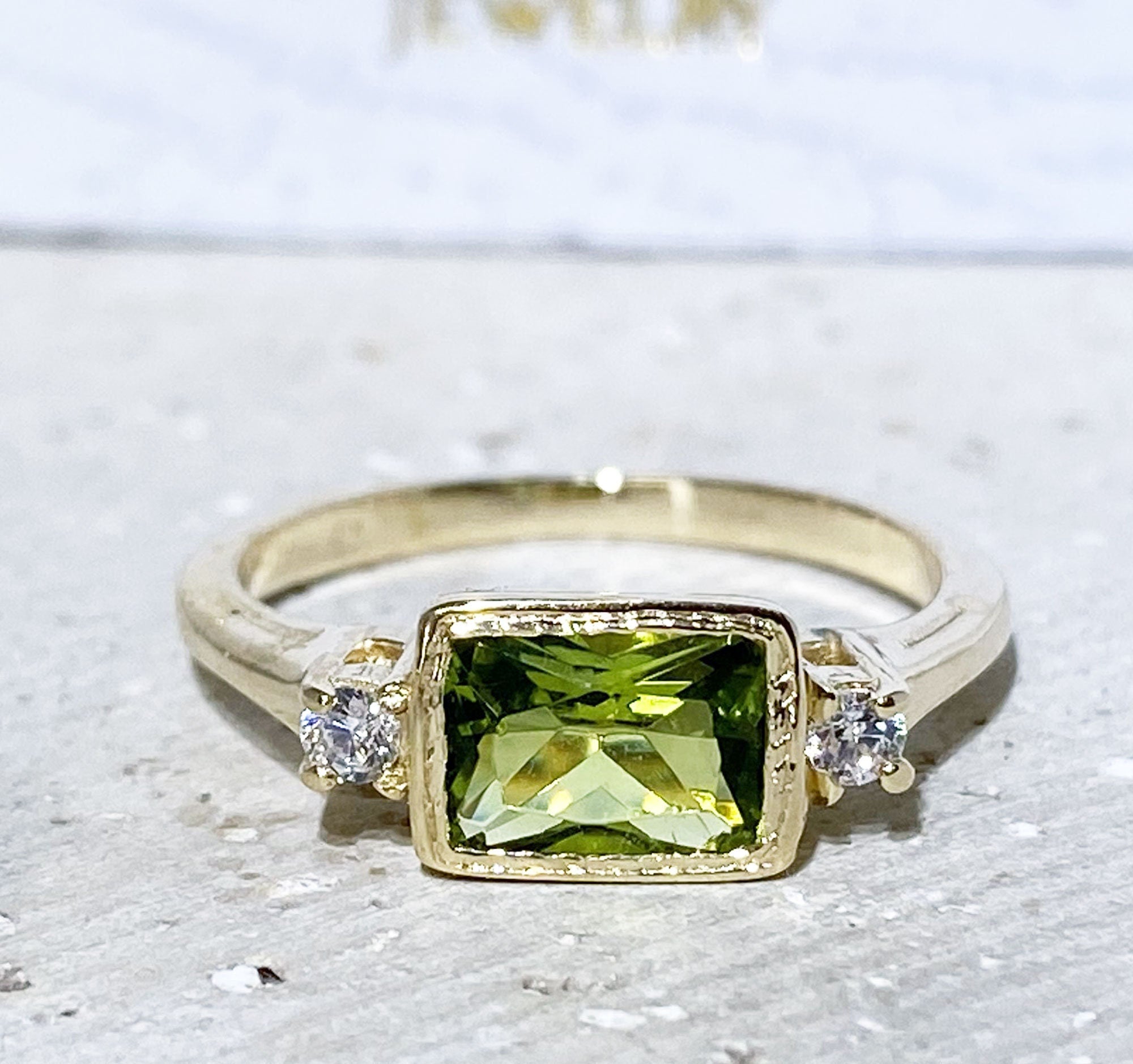 Peridot Ring - August Birthstone - Simple Ring with Octagon Peridot Gemstone and Clear Quartz Accents - H.L.Jewelry