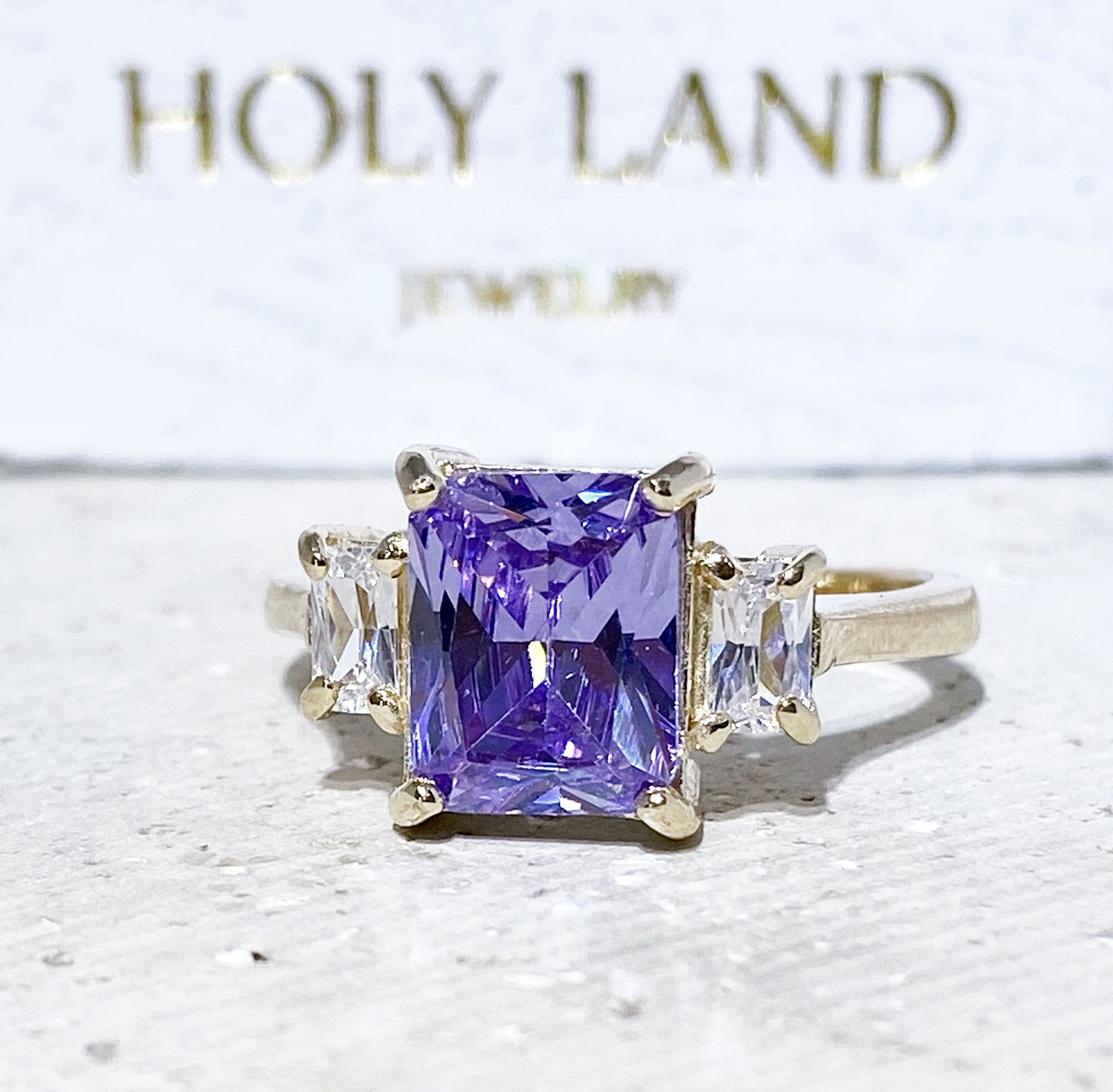 Lavender Amethyst Ring -  Statement Engagement Ring with Octagon Lavender Amethyst Gemstone and Clear Quartz Accents - H.L.Jewelry