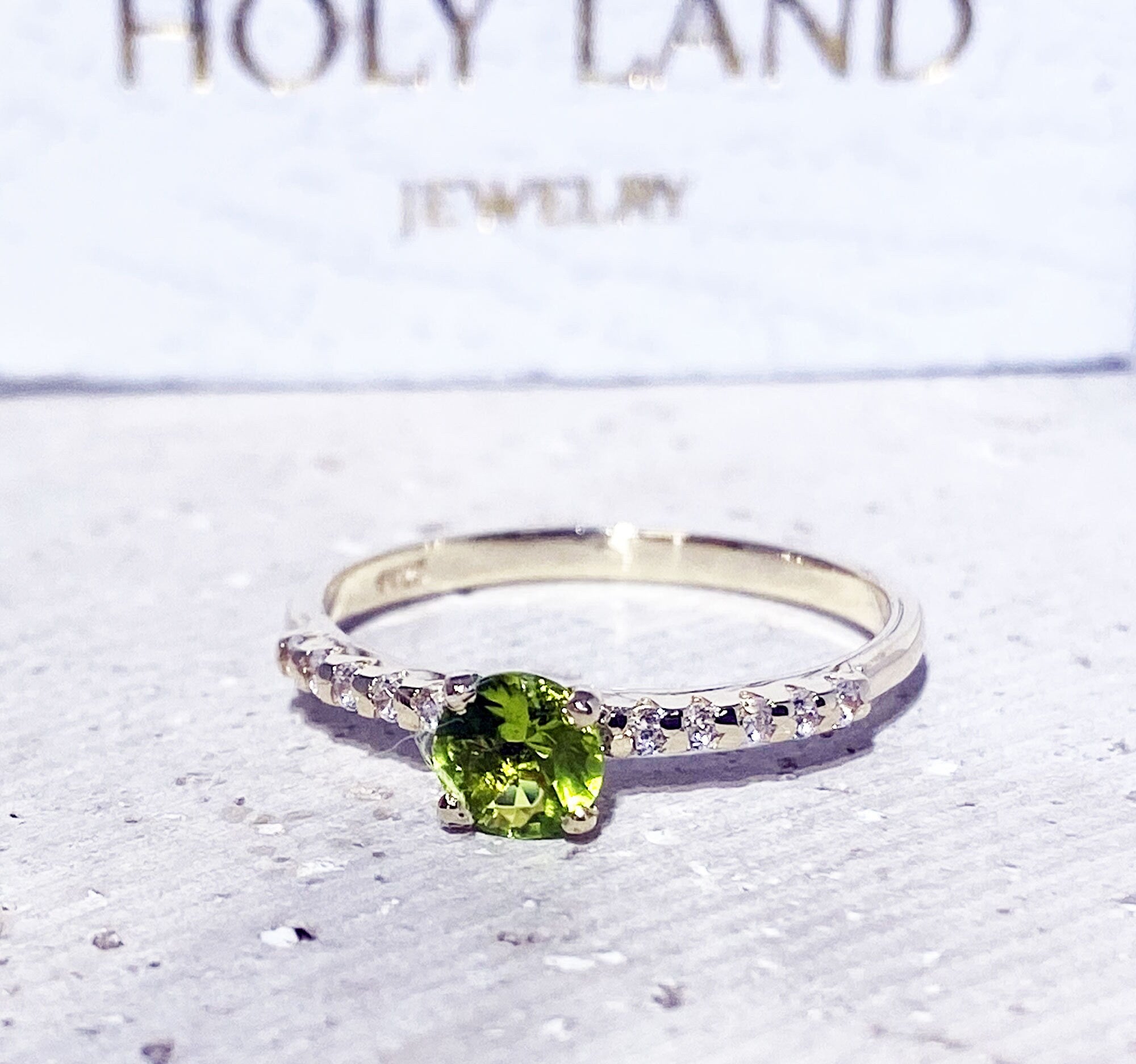 Peridot Ring - August Birthstone - Round Peridot Gemstone Ring with Clear Quartz Accents - H.L.Jewelry