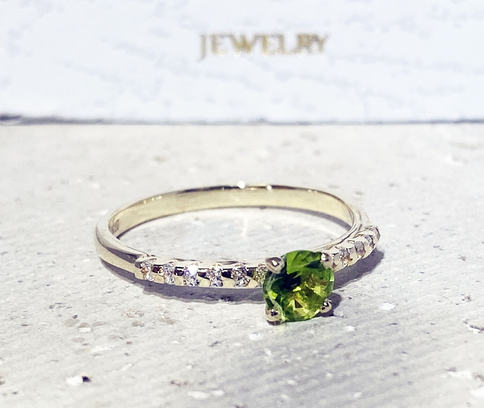 Peridot Ring - August Birthstone - Round Peridot Gemstone Ring with Clear Quartz Accents - H.L.Jewelry