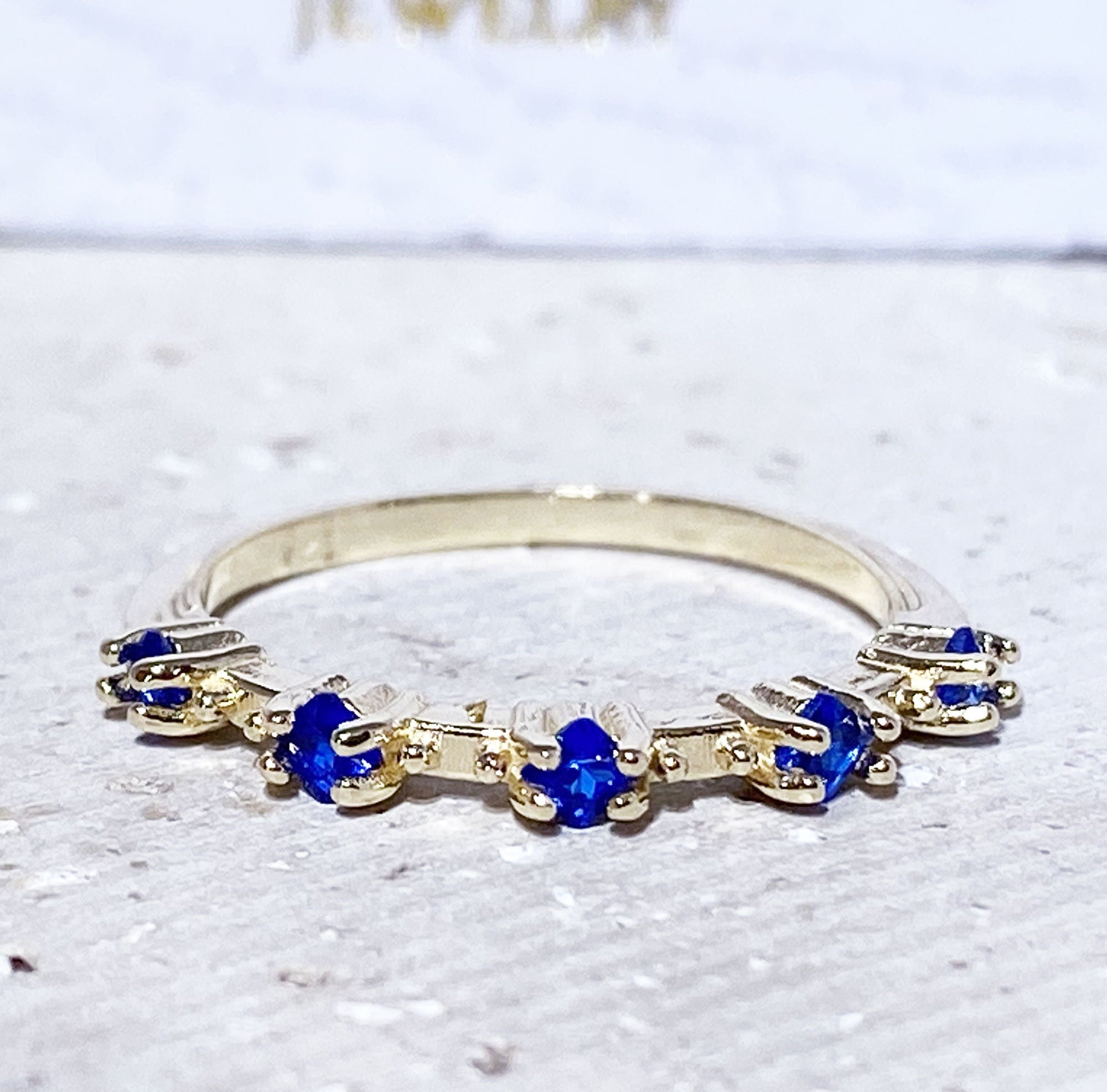 Blue Sapphire Ring - September Birthstone - Delicate Stacking Ring with Five Square Blue Sapphire Gemstones - H.L.Jewelry