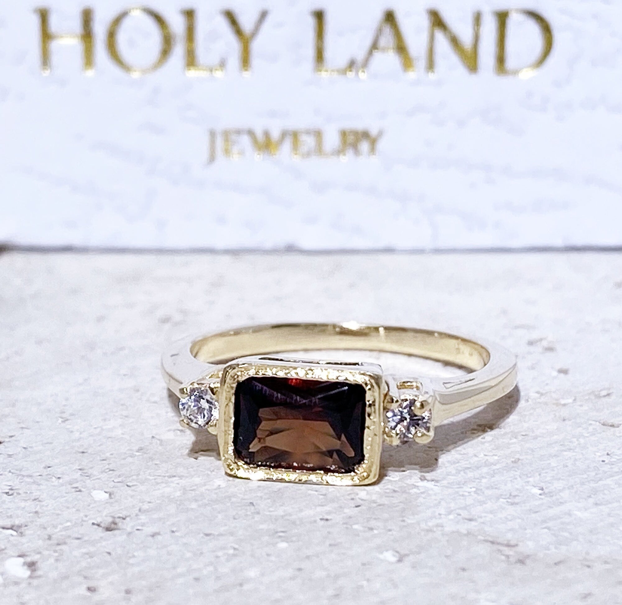 Red Garnet Ring - January Birthstone - Simple Ring with Octagon Red Garnet Gemstone and Clear Quartz Accents - H.L.Jewelry