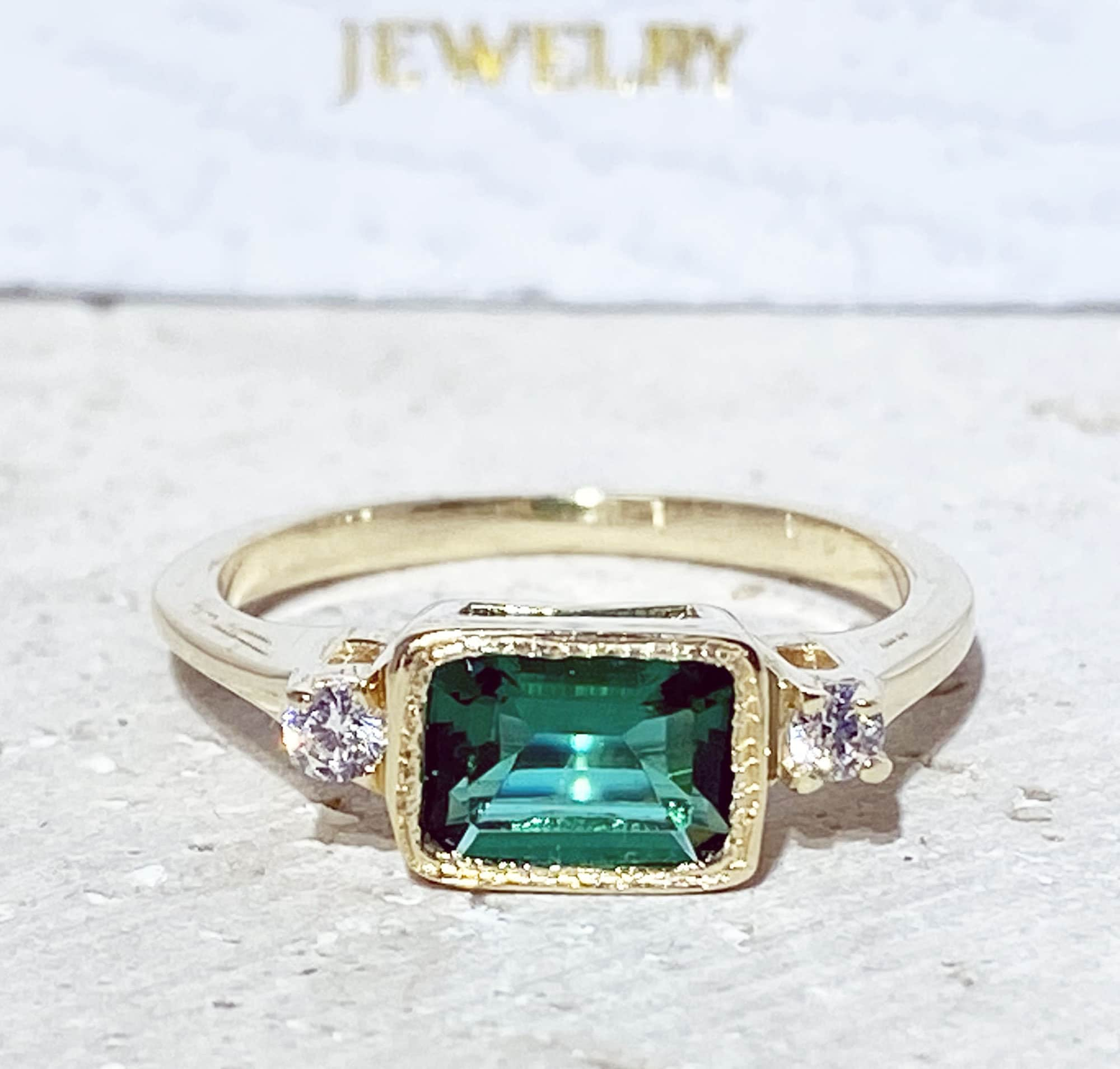 Emerald Ring - May Birthstone - Simple Ring with Octagon Emerald Gemstone and Clear Quartz Accents - H.L.Jewelry