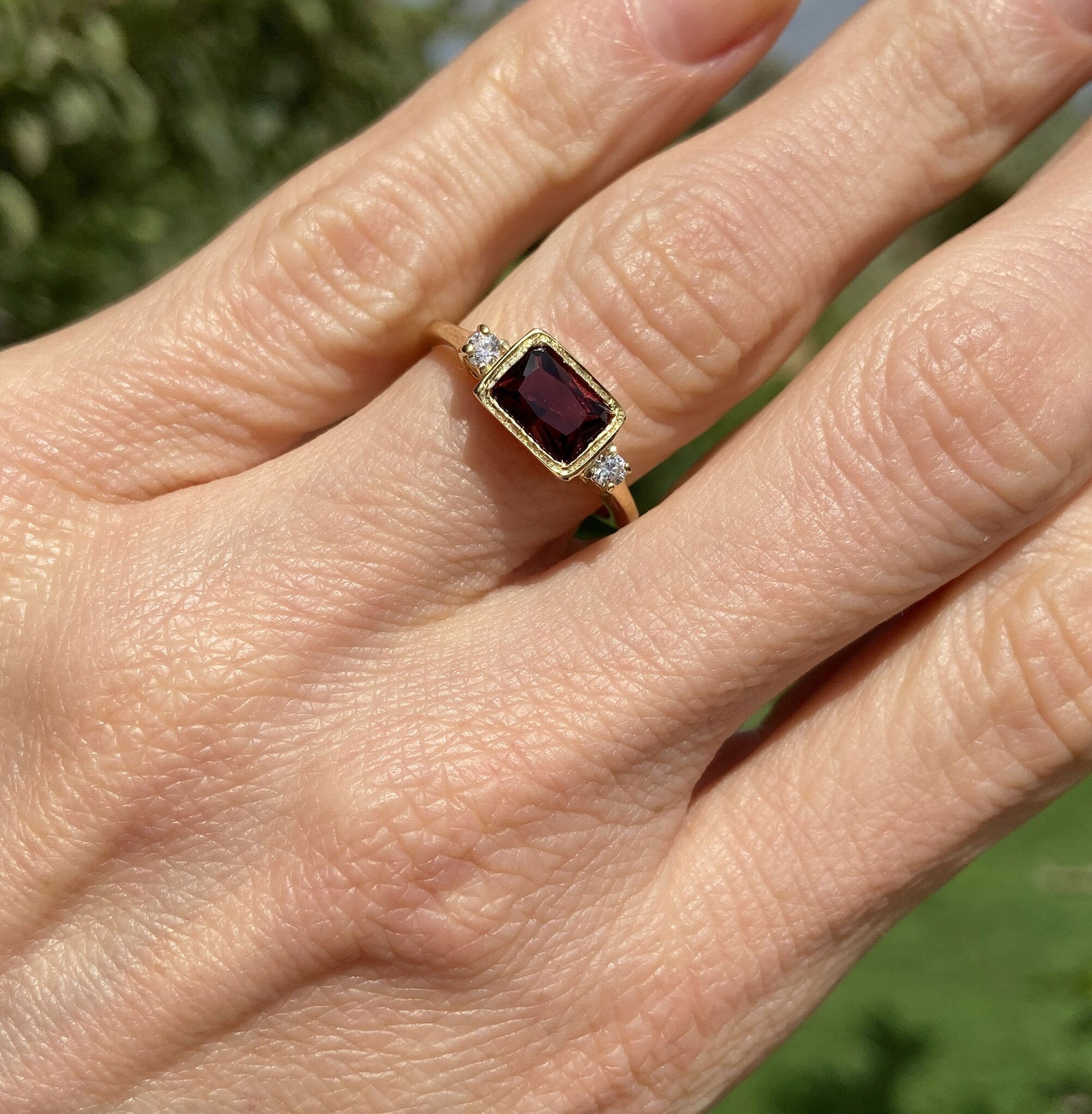 Red Garnet Ring - January Birthstone - Simple Ring with Octagon Red Garnet Gemstone and Clear Quartz Accents - H.L.Jewelry