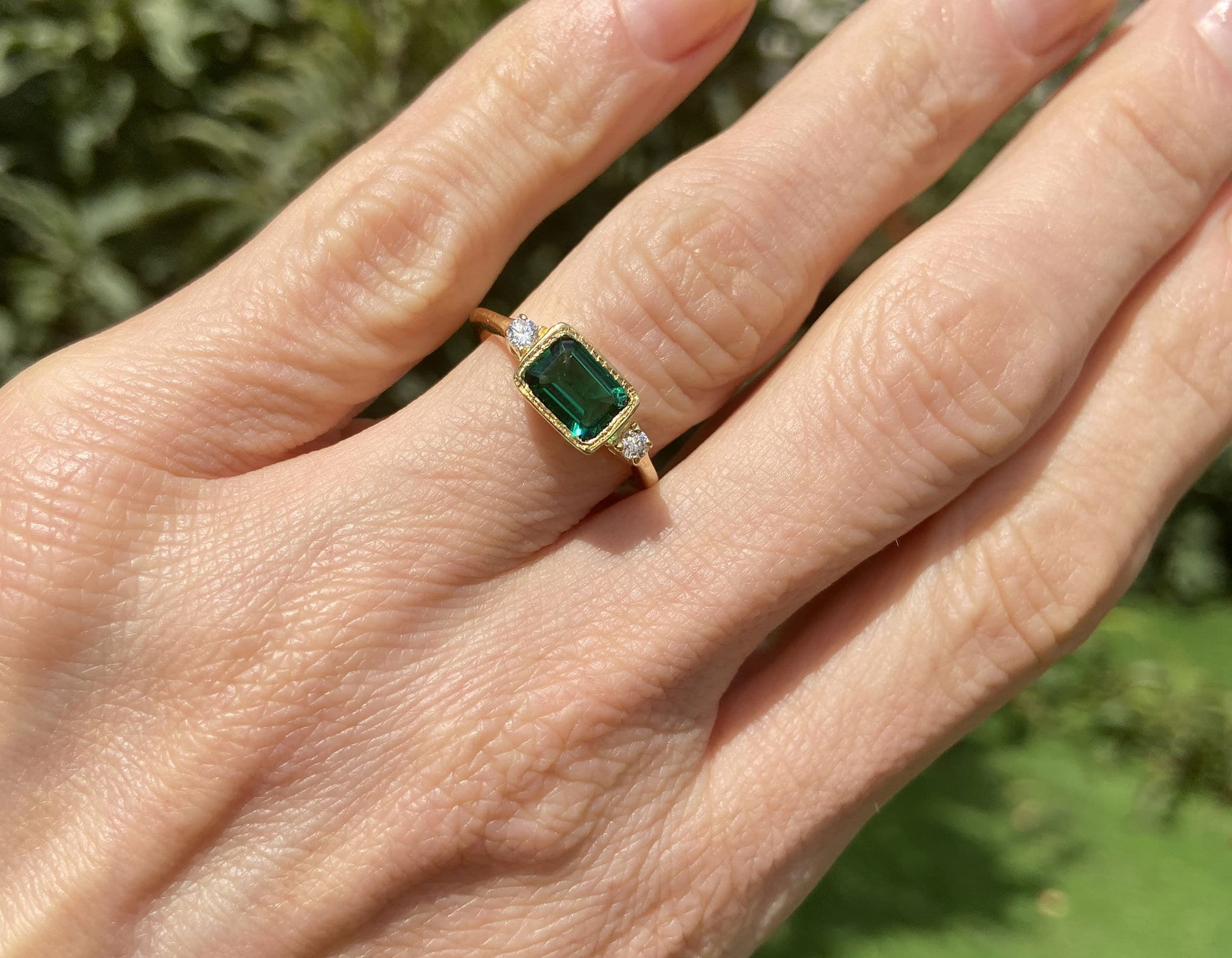 Emerald Ring - May Birthstone - Simple Ring with Octagon Emerald Gemstone and Clear Quartz Accents - H.L.Jewelry