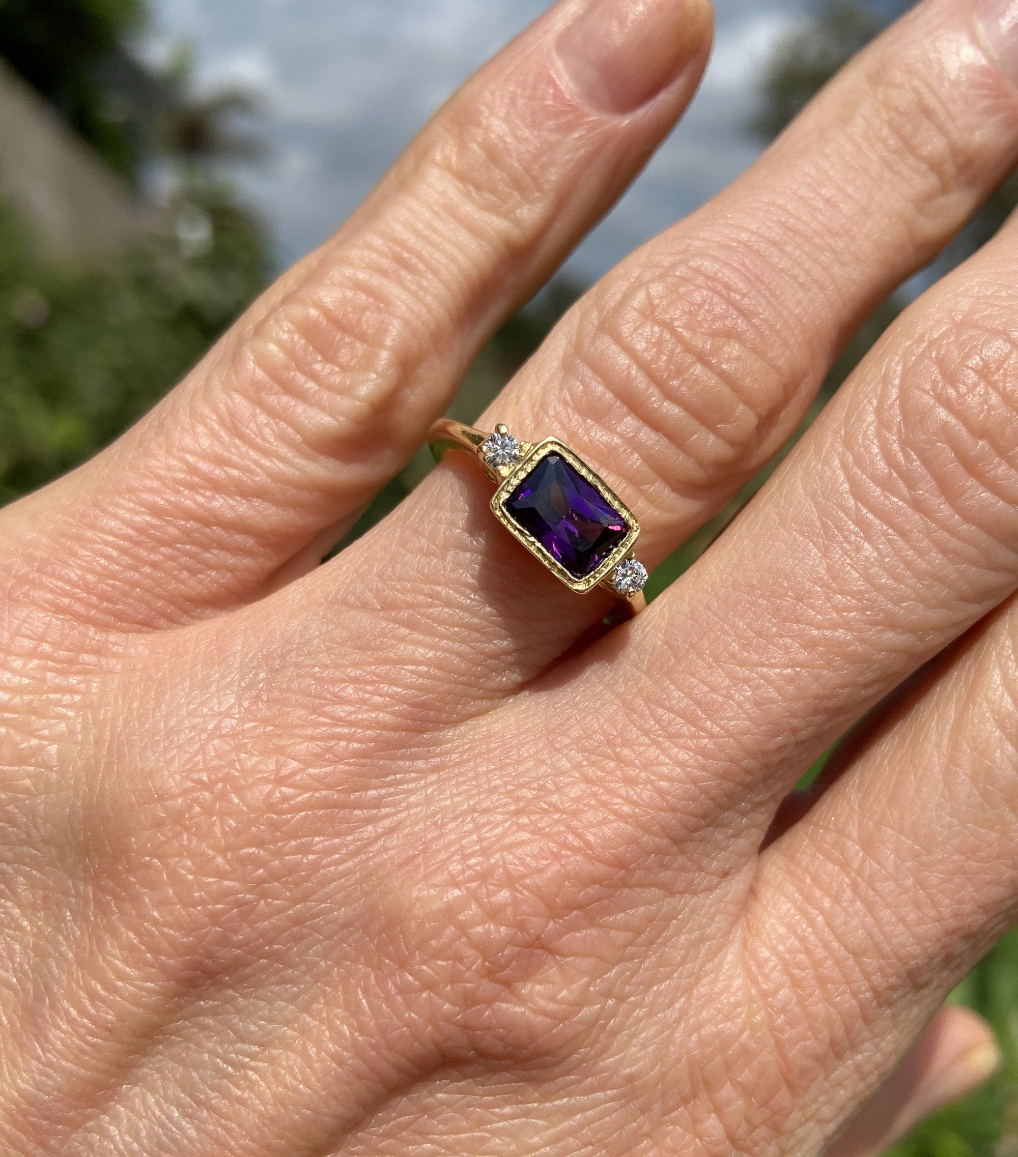 Purple Amethyst Ring - February Birthstone - Simple Ring with Octagon Purple Amethyst Gemstone and Clear Quartz Accents - H.L.Jewelry