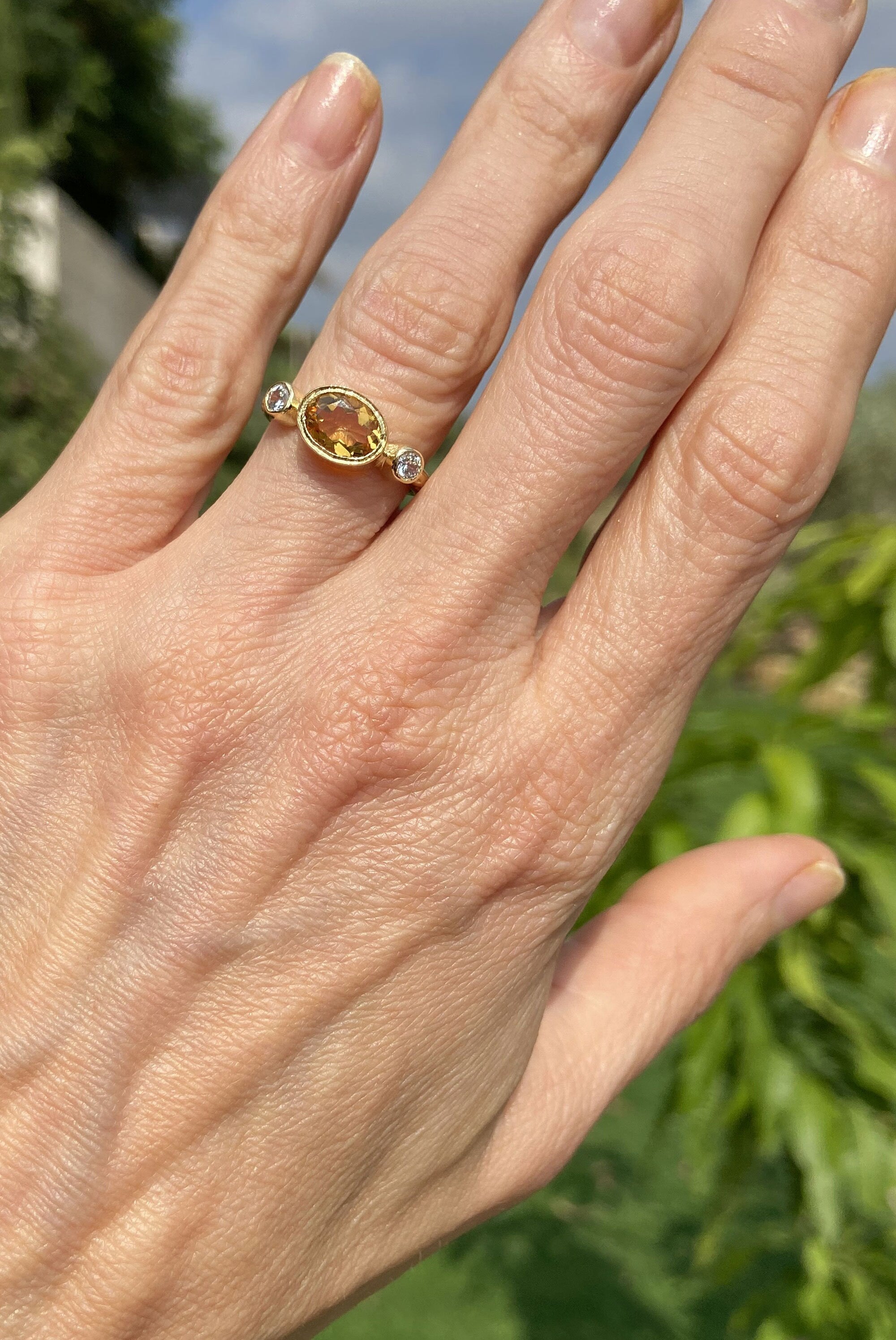 Citrine Ring - November Birthstone - Bezel Set Ring with Oval Citrine Gemstone and Clear Quartz Accents - H.L.Jewelry