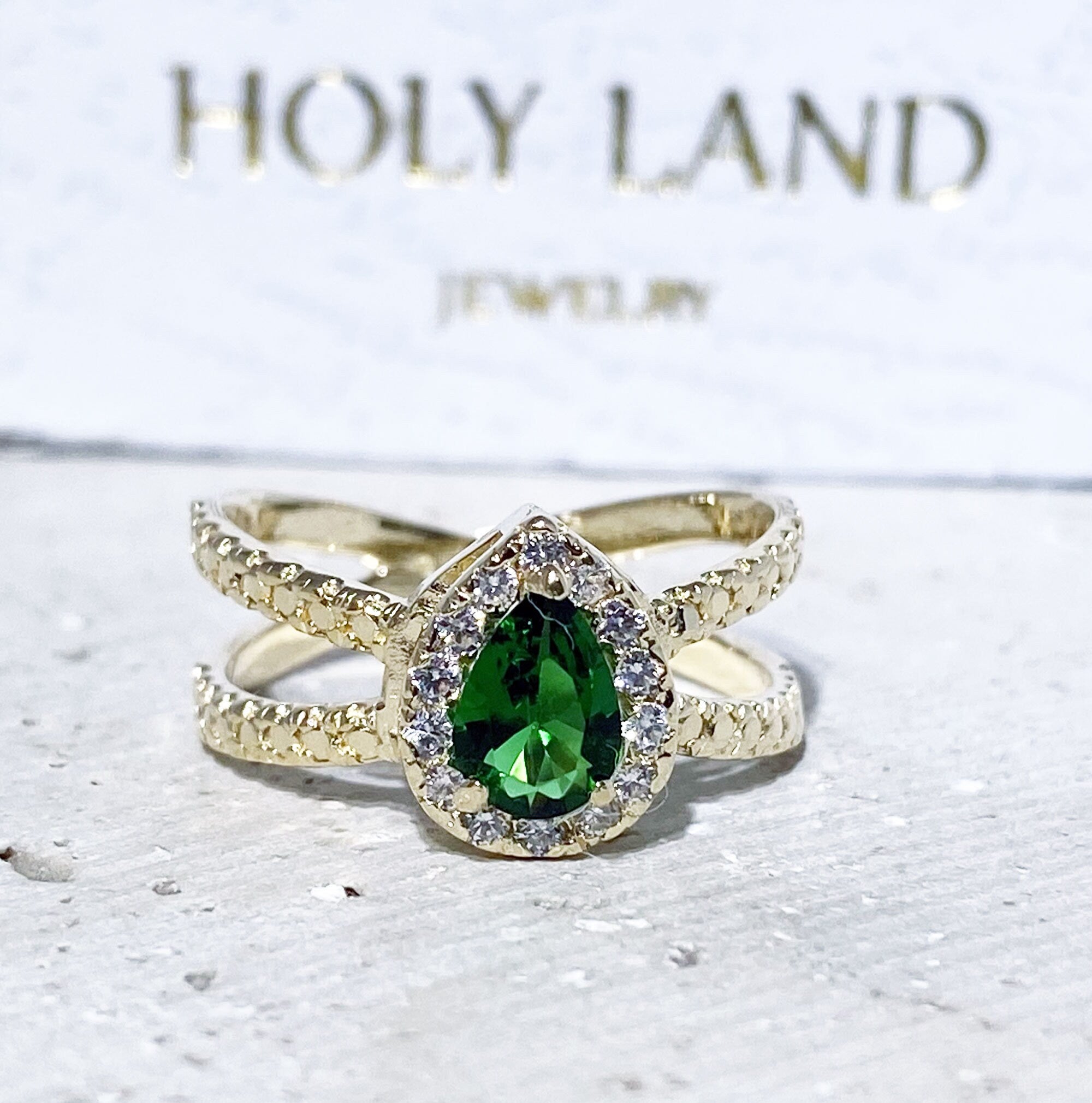 Emerald Ring - May Birthstone - Engagement Ring with Pear-Shaped Emerald Gemstone and Clear Quartz Halo - H.L.Jewelry