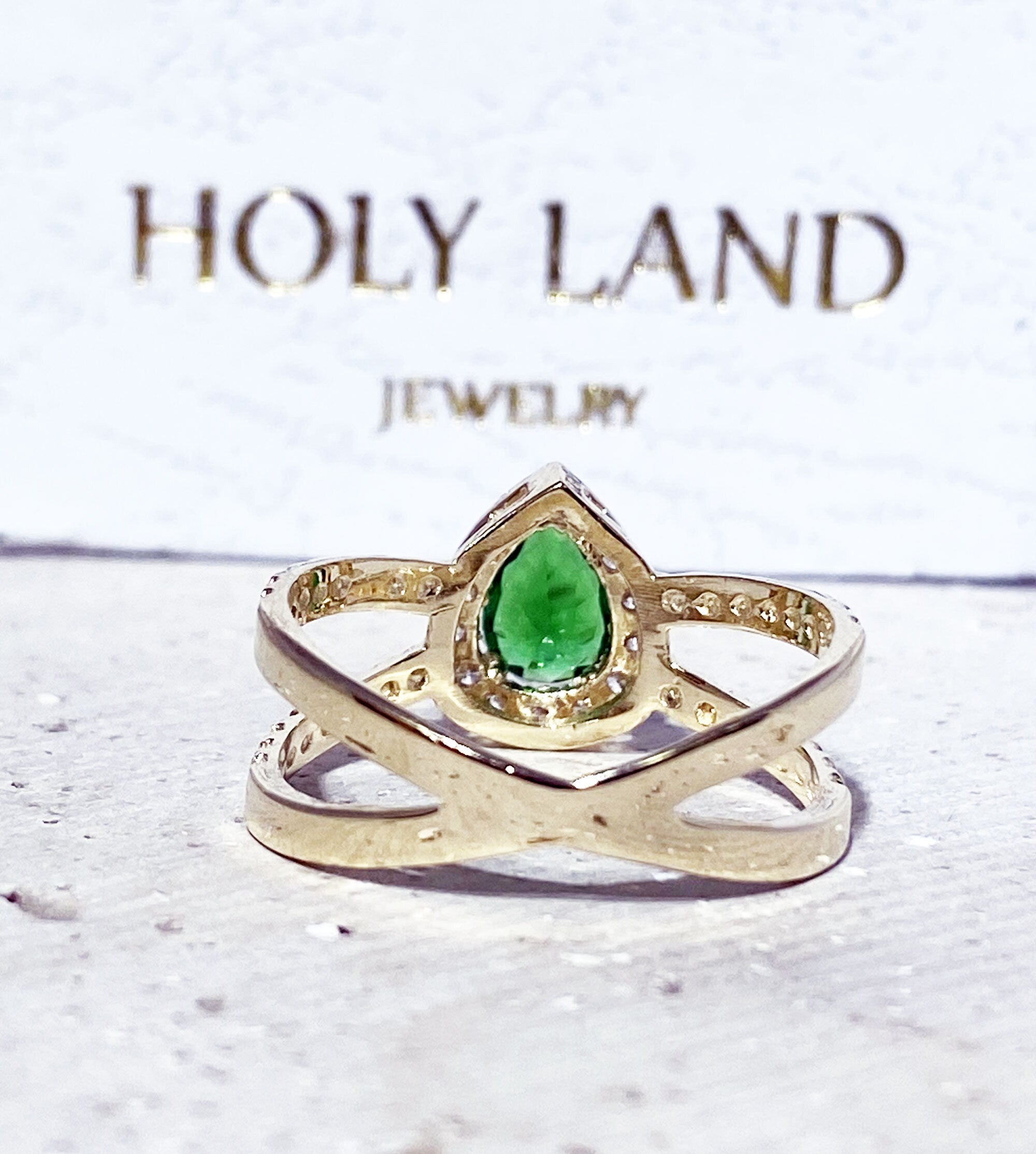 Emerald Ring - May Birthstone - Engagement Ring with Pear-Shaped Emerald Gemstone and Clear Quartz Halo - H.L.Jewelry