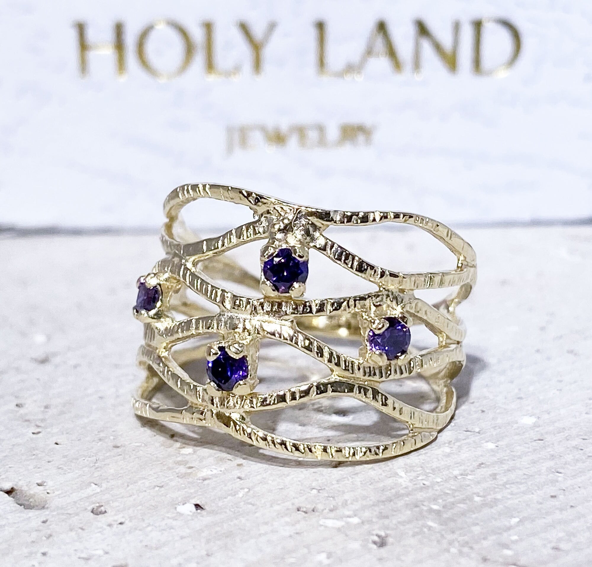 Purple Amethyst Ring - February Birthstone - Hammered Ring with Four Round Purple Amethyst Gemstones - H.L.Jewelry