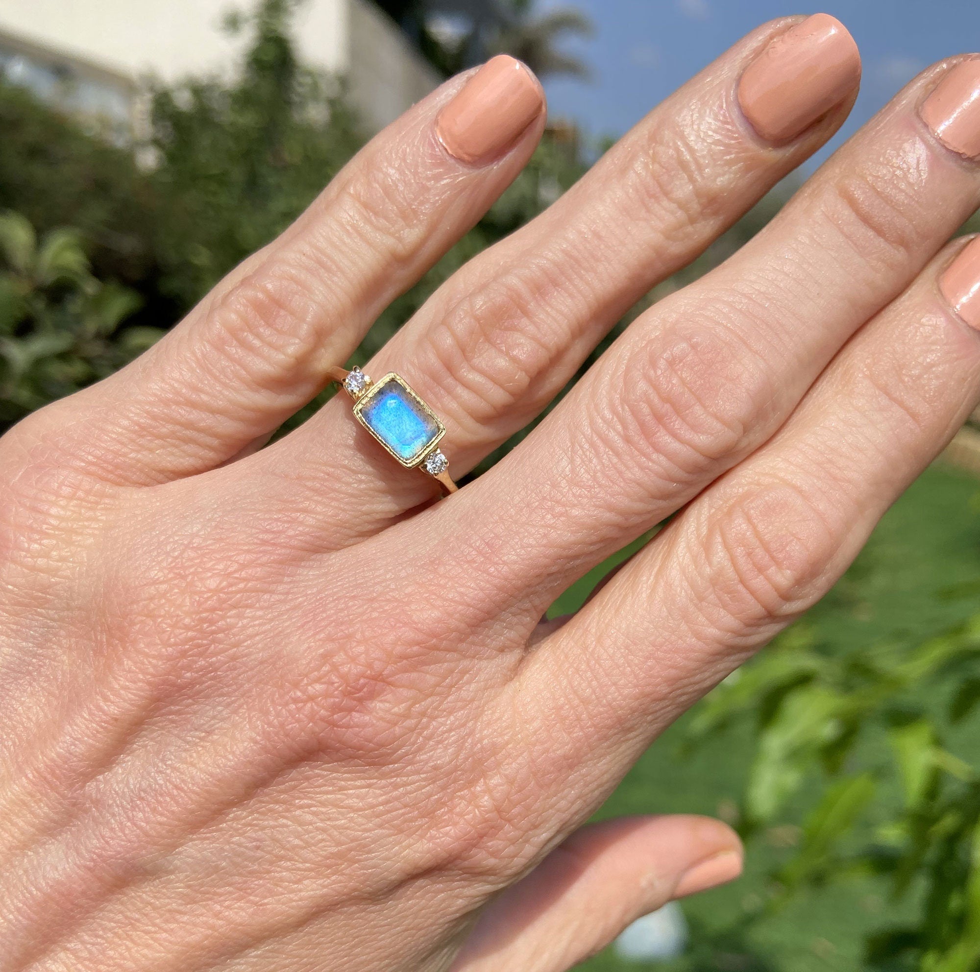 Labradorite Ring - Simple Ring with Octagon Labradorite Gemstone and Clear Quartz Accents - H.L.Jewelry