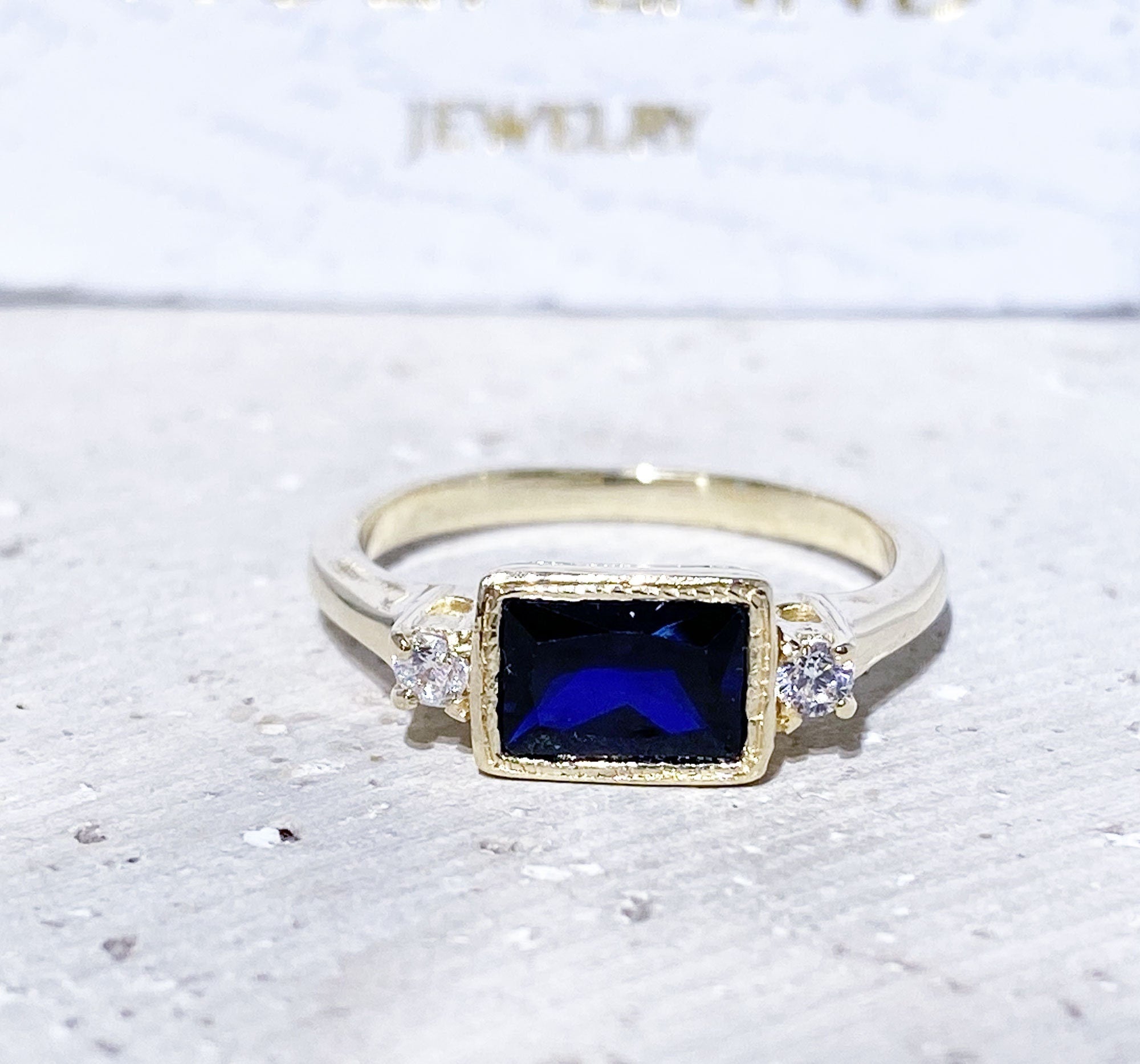 Blue Sapphire Ring - September Birthstone Simple Ring with Octagon Blue Sapphire Gemstone and Clear Quartz Accents - H.L.Jewelry