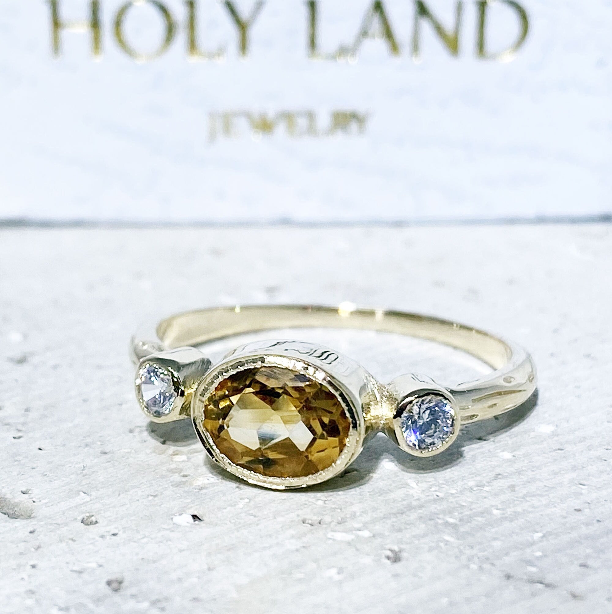 Citrine Ring - November Birthstone - Bezel Set Ring with Oval Citrine Gemstone and Clear Quartz Accents - H.L.Jewelry