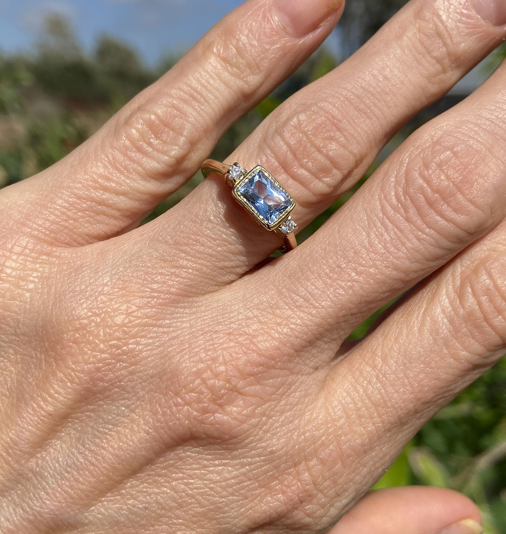 Aquamarine Ring - March Birthstone - Simple Ring with Octagon Aquamarine and Clear Quartz Accents - H.L.Jewelry