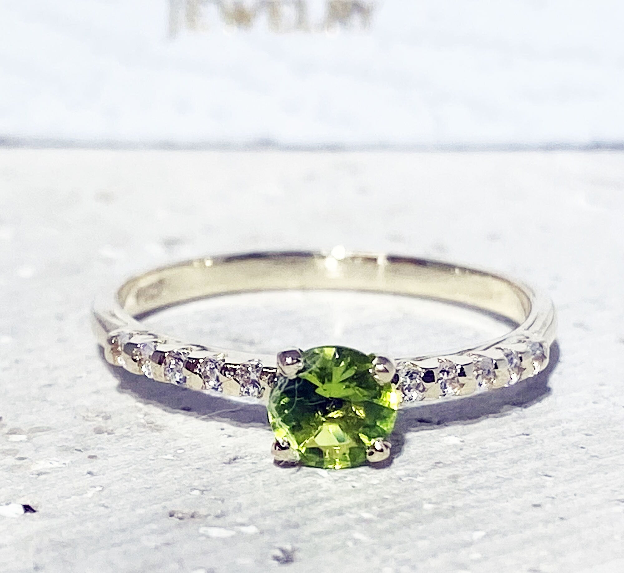 Peridot Ring - August Birthstone - Round Peridot Gemstone Ring with Clear Quartz Accents - H.L.Jewelry