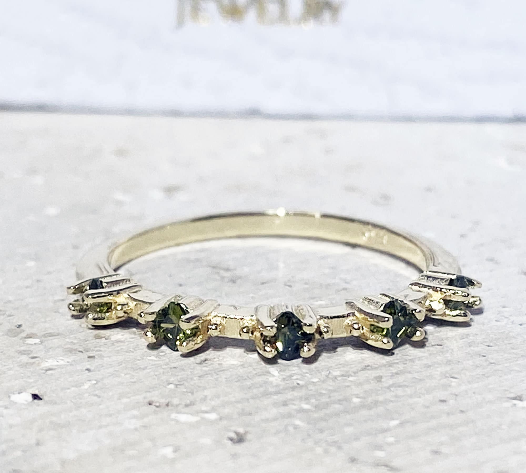 Peridot Ring - August Birthstone - Stacking Ring with Five Square Peridot Gemstones - H.L.Jewelry