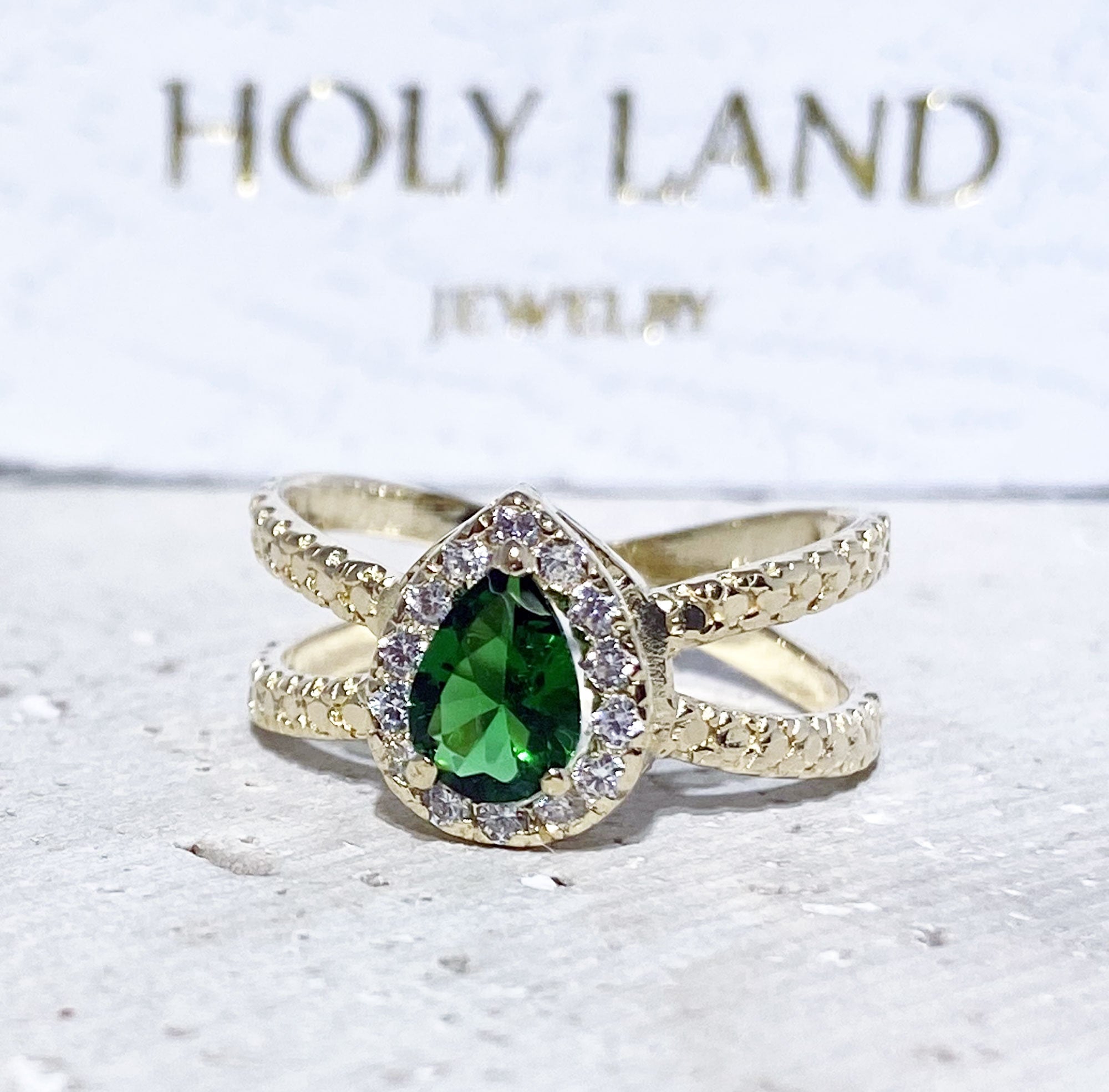 Emerald Ring - May Birthstone - Engagement Ring with Pear-Shaped Emerald Gemstone and Clear Quartz Halo - H.L.Jewelry