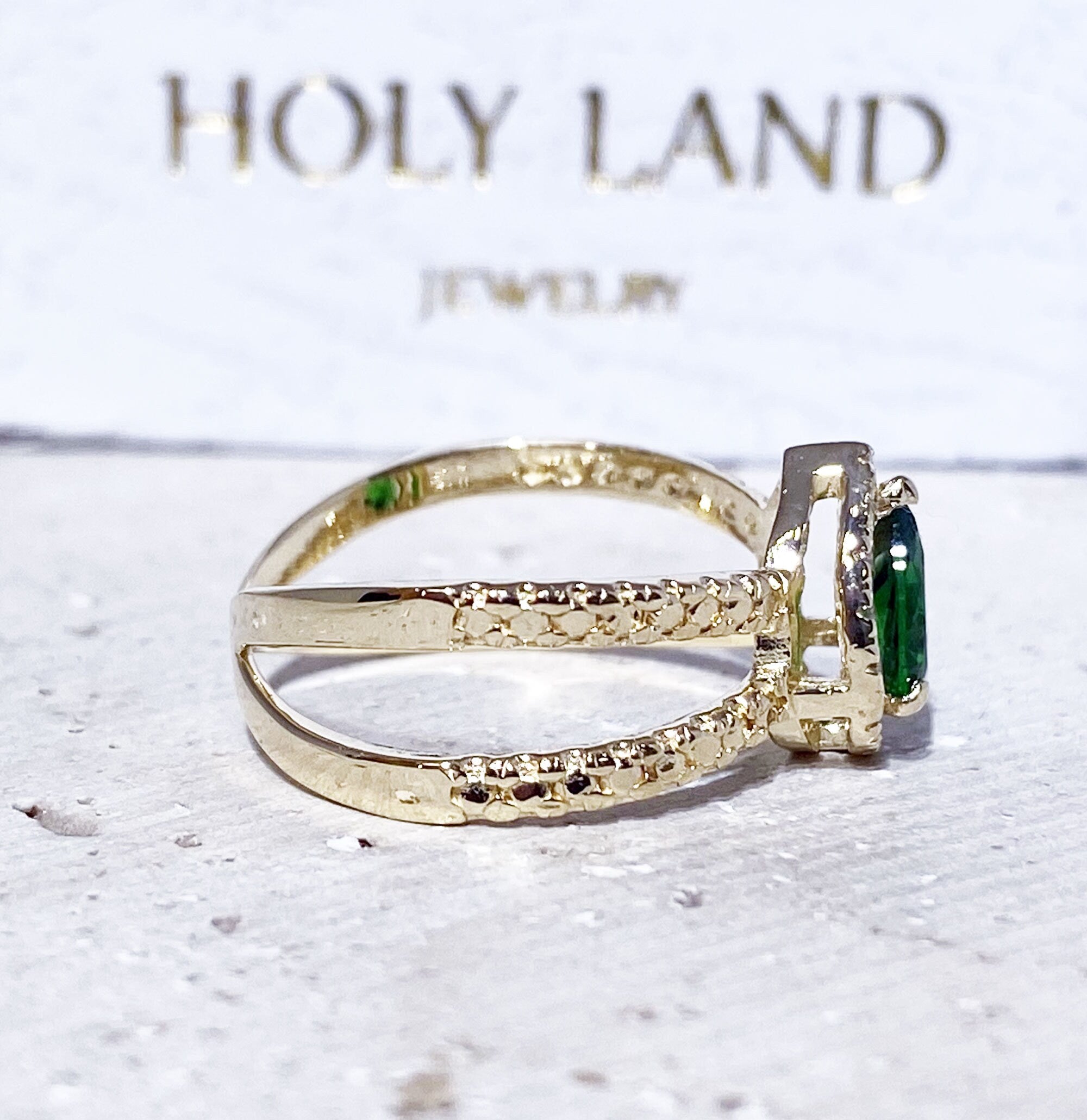 Emerald Ring - May Birthstone - Engagement Ring with Pear-Shaped Emerald Gemstone and Clear Quartz Halo - H.L.Jewelry