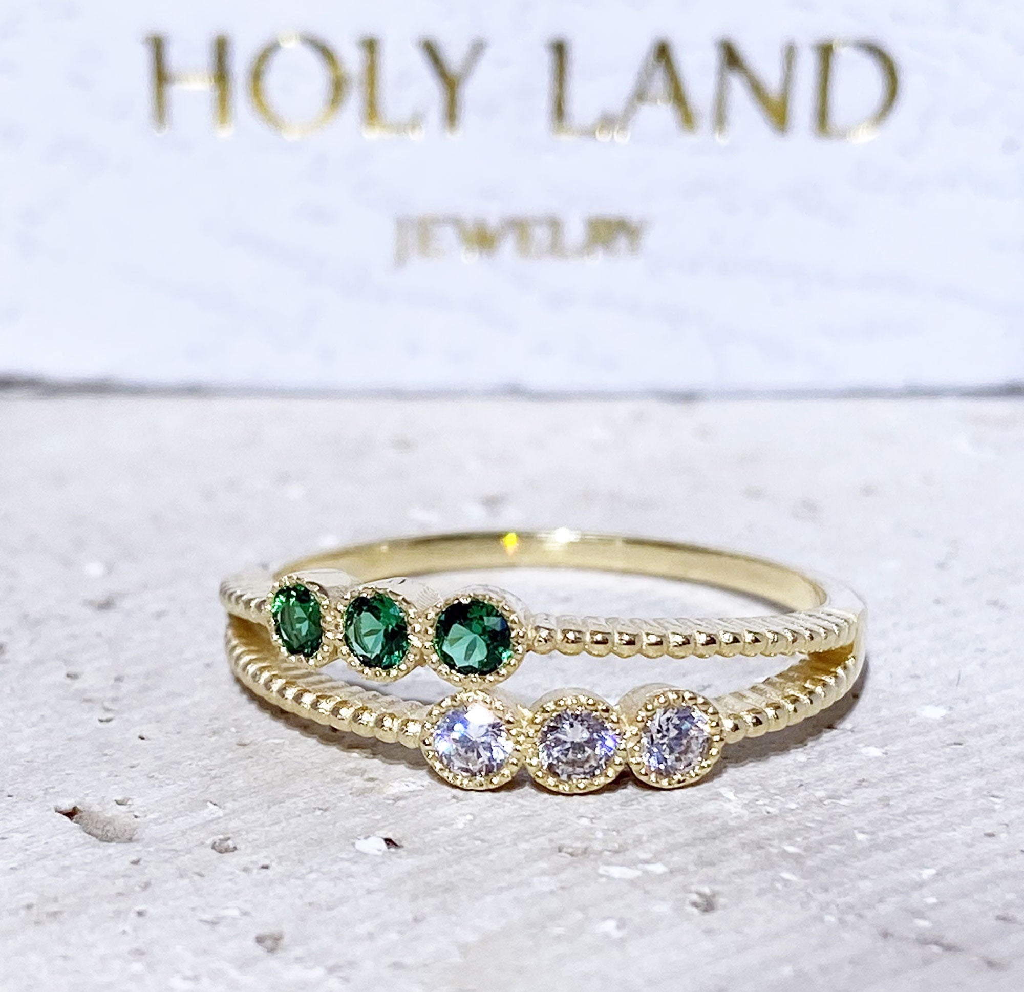 Two Birthstone Ring - Emerald Ring - Clear Quartz Ring - Gemstone Ring - Gold Ring - Stacking Ring - H.L.Jewelry