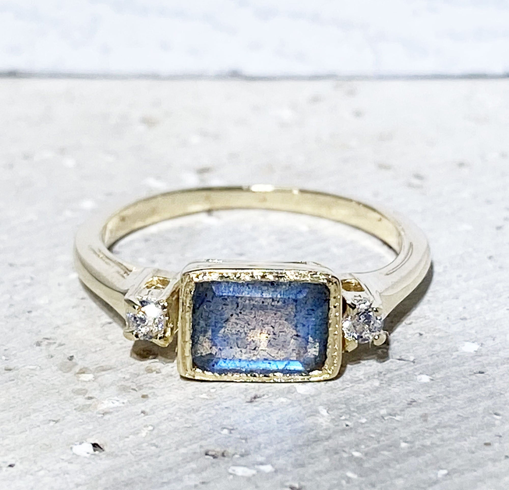 Labradorite Ring - Simple Ring with Octagon Labradorite Gemstone and Clear Quartz Accents - H.L.Jewelry