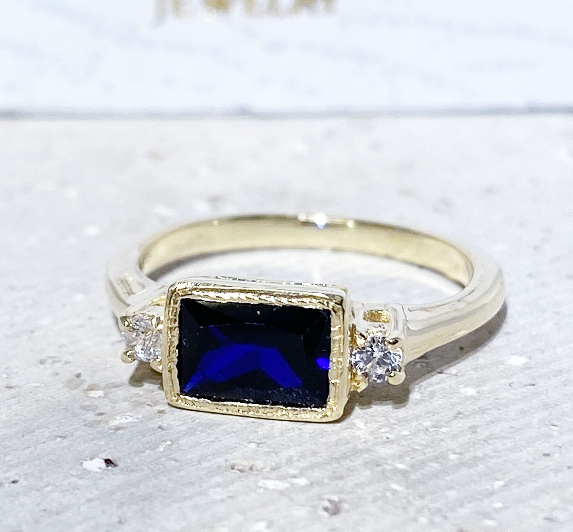 Blue Sapphire Ring - September Birthstone Simple Ring with Octagon Blue Sapphire Gemstone and Clear Quartz Accents - H.L.Jewelry