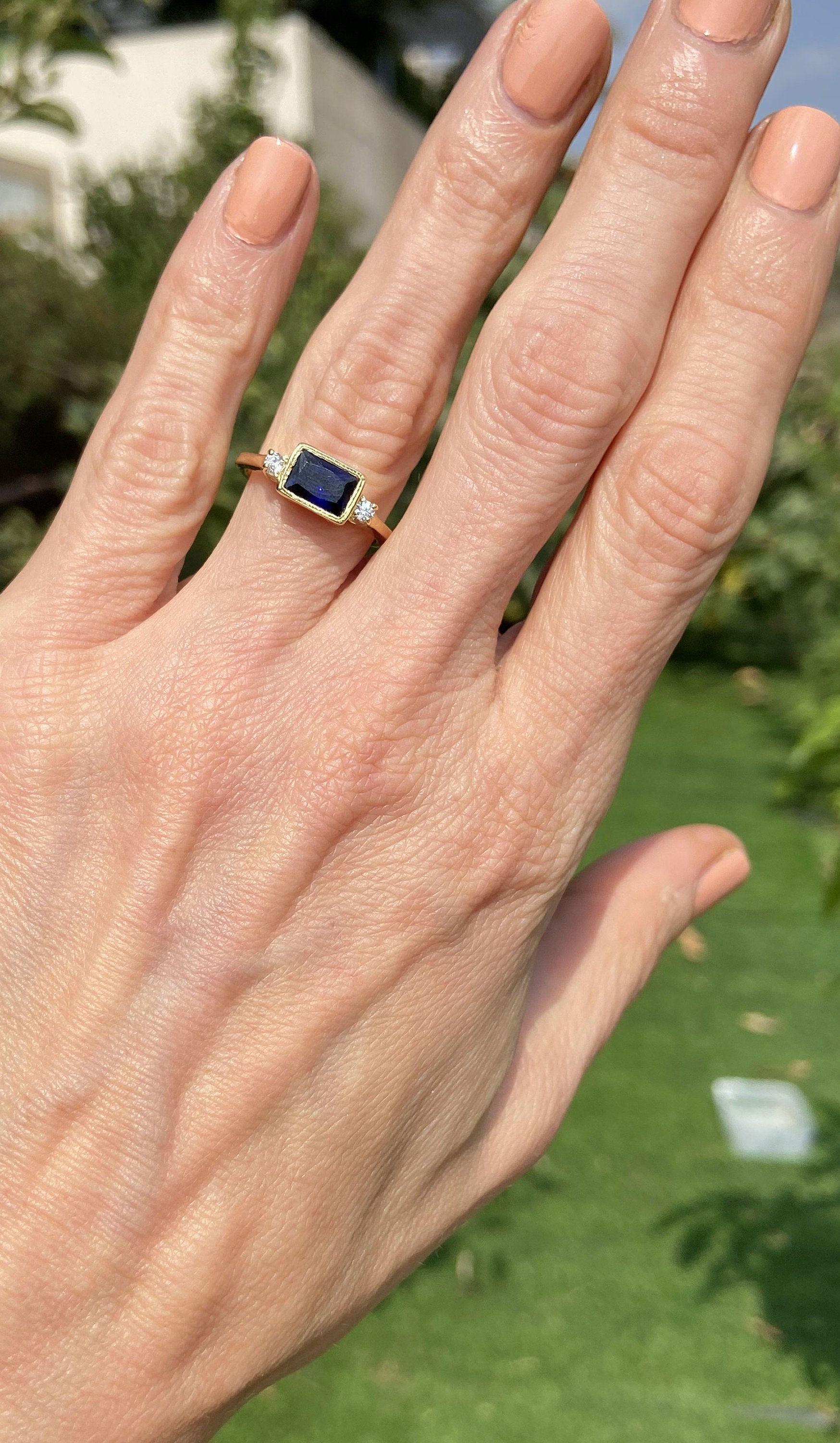 Blue Sapphire Ring - September Birthstone Simple Ring with Octagon Blue Sapphire Gemstone and Clear Quartz Accents - H.L.Jewelry