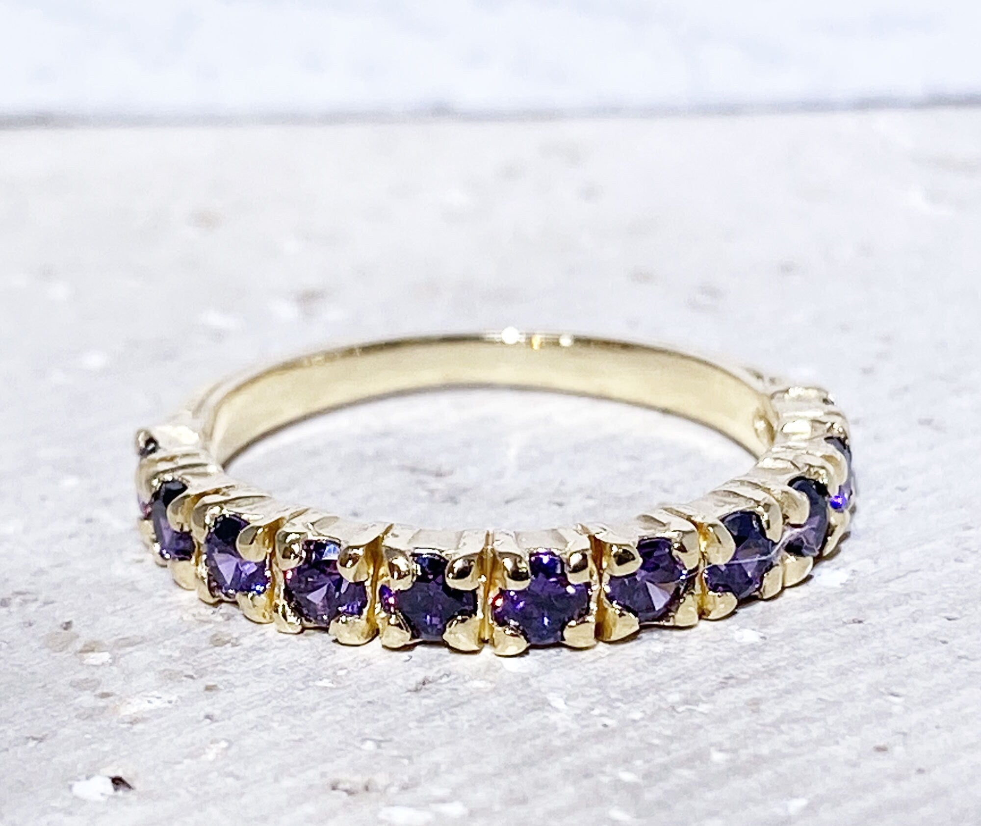 Purple Amethyst Ring - February Birthstone - Eleven Round Purple Amethyst Gemstones Stacking Half Eternity Ring - H.L.Jewelry